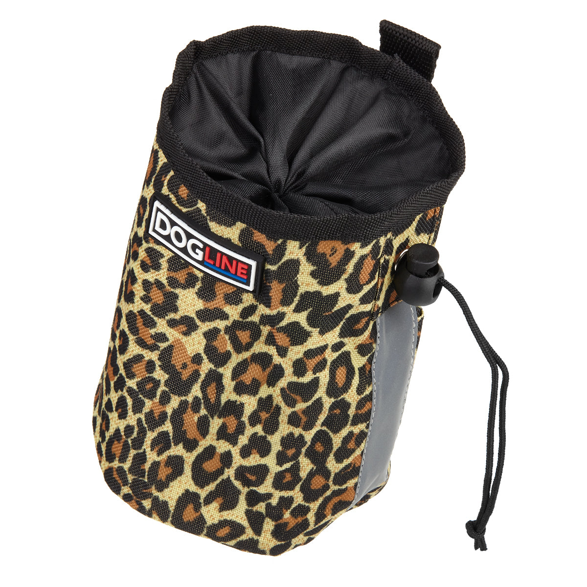 Leopard Brown dog treat pouch with drawstring, reflective strip and waste bag dispenser