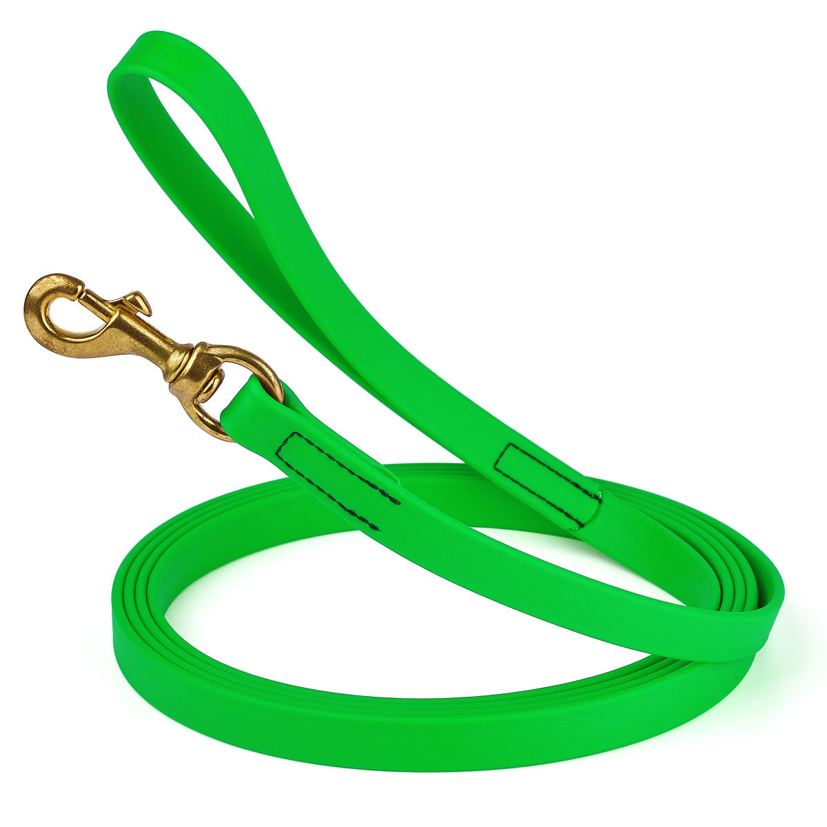20 ft dog leash with brass snap hook, 3/4in wide, made from waterproof Biothane, Tropical Green