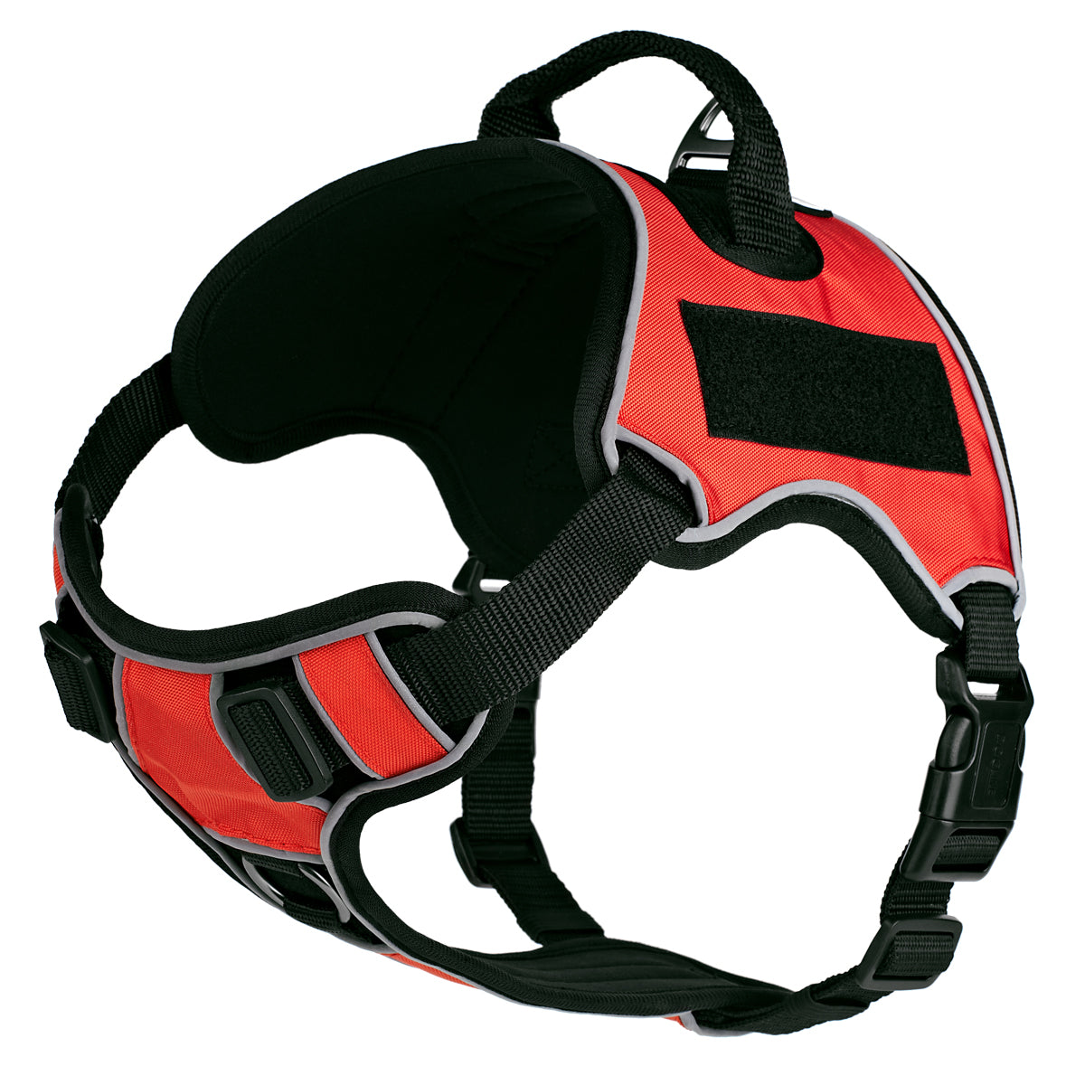 Red dog harness with adjustable straps, quick release buckle, top handle and loop backing for two removable patches