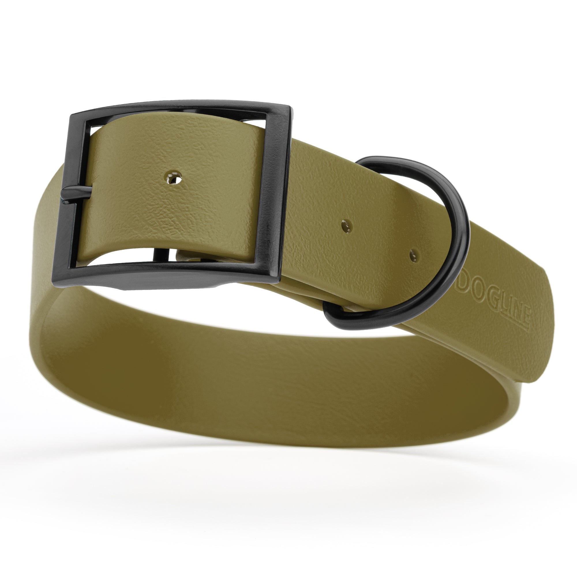Olive Drab Green Biothane waterproof collar for large and giant dogs, width 1.5 inches, black metal buckle and D-ring