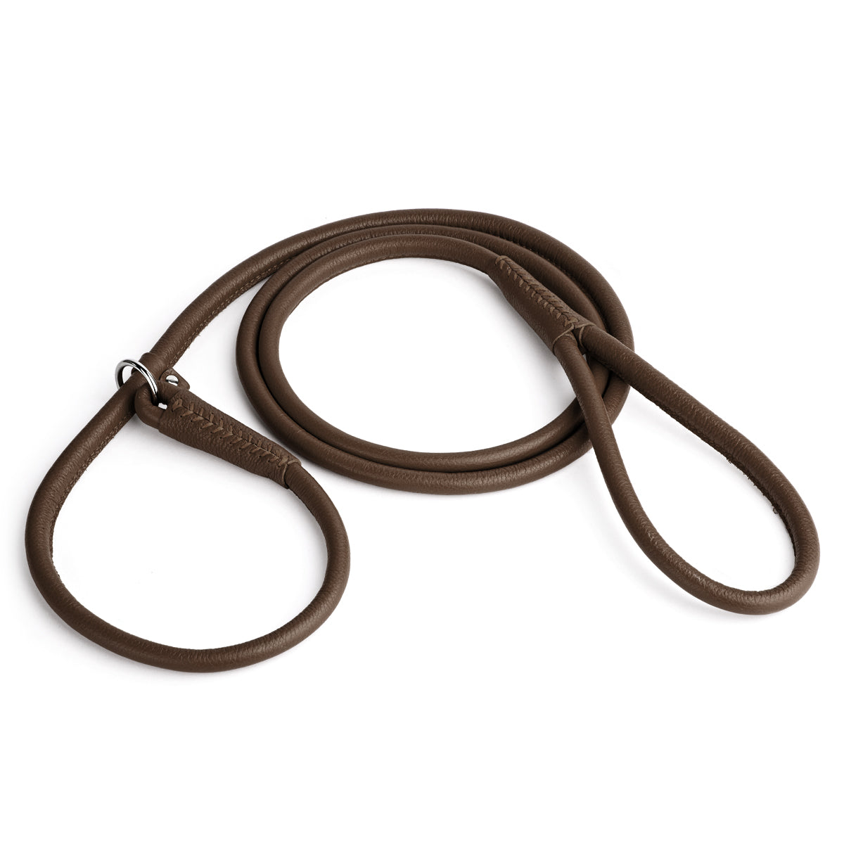 Dark Brown leather slip lead with metal stopper ring, 6 feet long