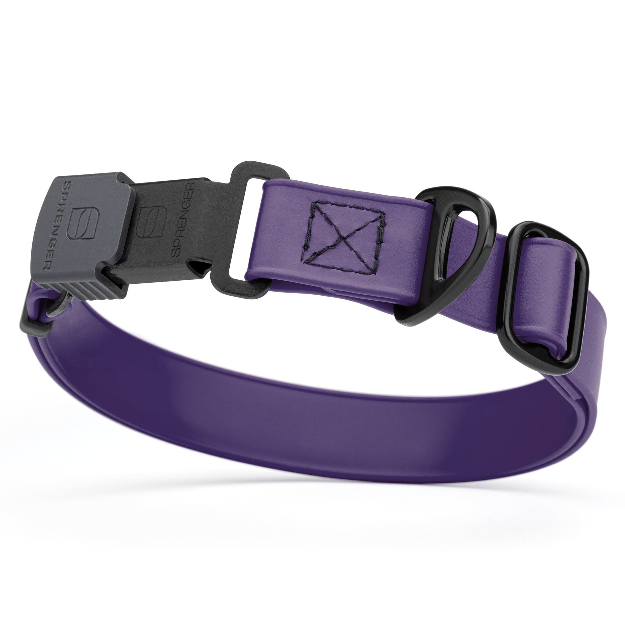 Violet purple Biothane dog collar with black Herm Sprenger buckle and metal D-ring, waterproof and adjustable