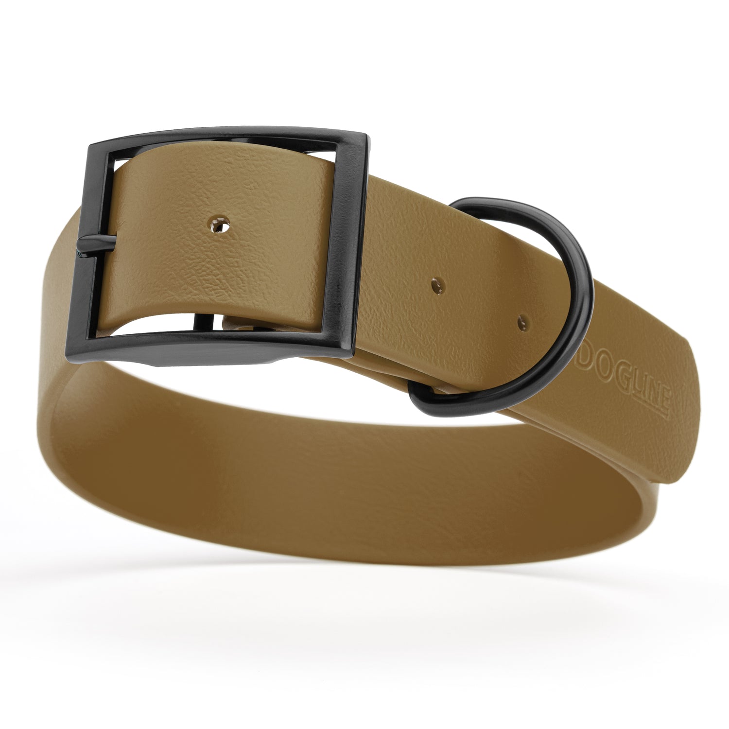 Coyote Brown waterproof collar for large dogs, 1.5 inches wide, made from Biothane, with black metal hardware