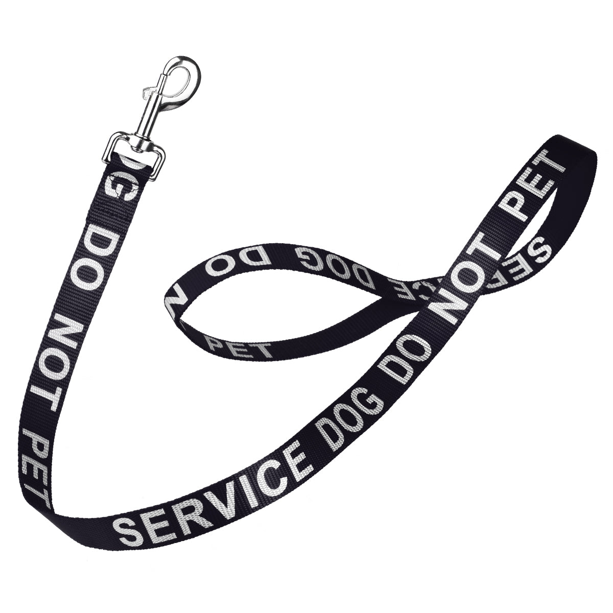 Black nylon dog leash with Service Dog Do Not Pet lettering reflective text