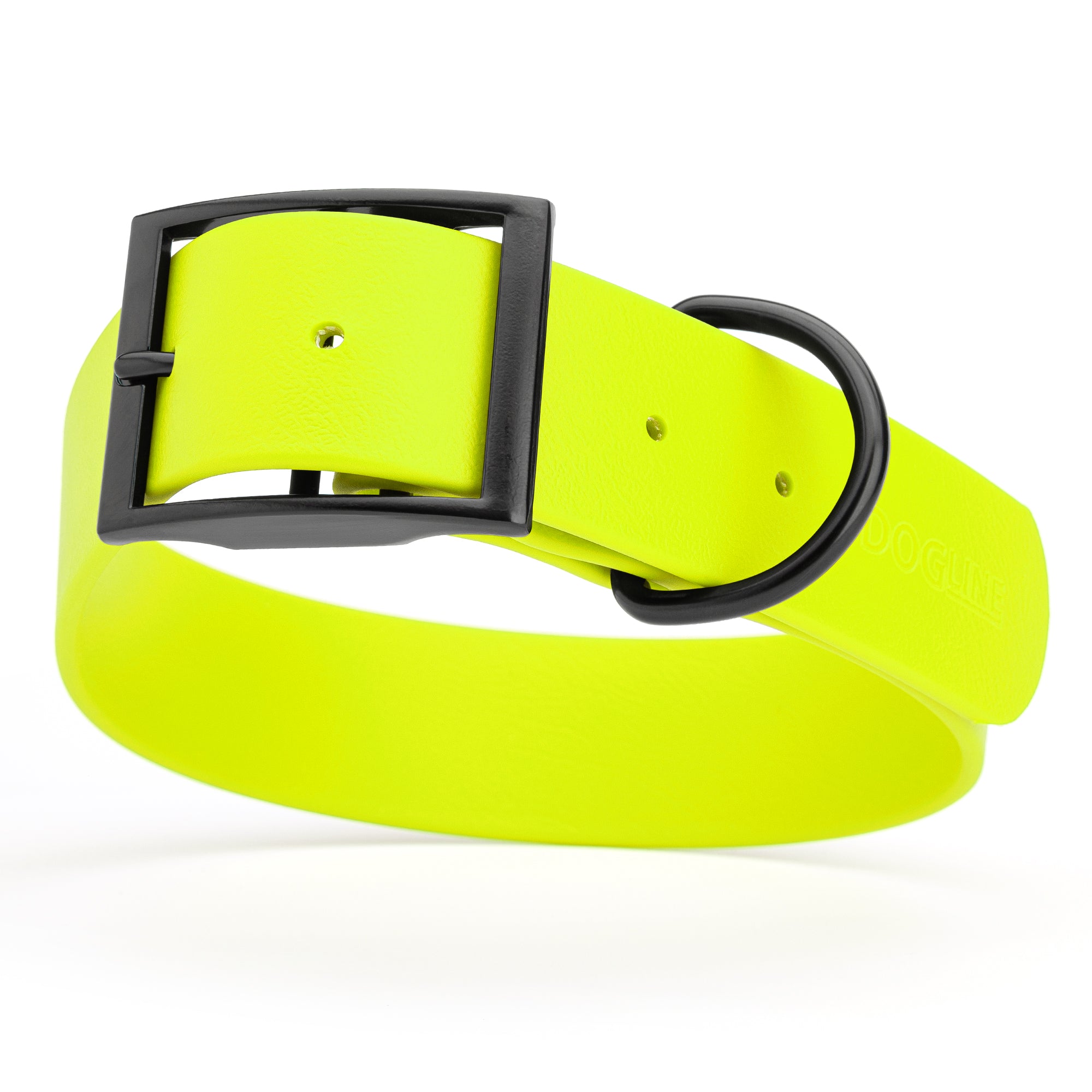Safety Yellow waterproof collar for large dogs, 1.5 inches wide, made from Biothane, with black metal hardware