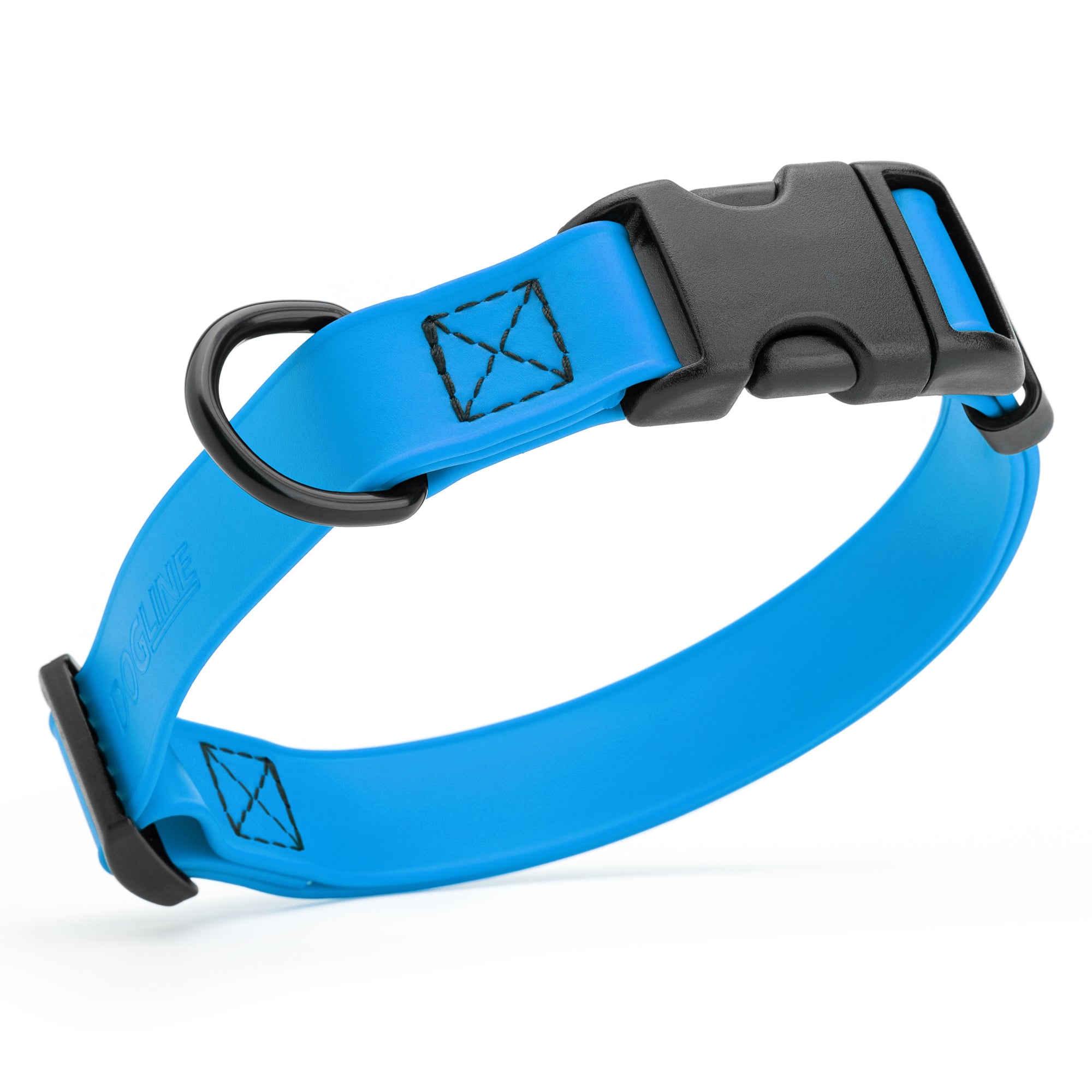Cerulean Blue waterproof dog collar made from Biothane with black quick release buckle and D-ring, adjustable
