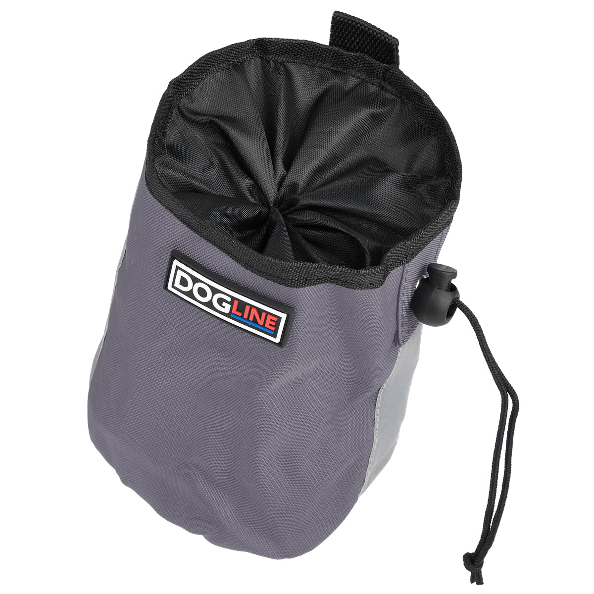 Gray dog treat pouch with drawstring, reflective strip and waste bag dispenser