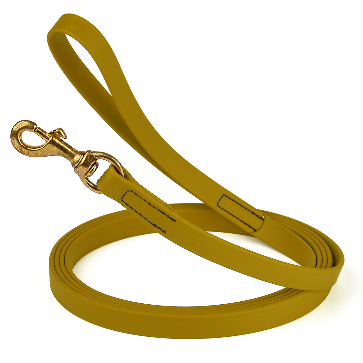 Waterproof Treasure Gold dog leash with brass clip, made from BioThane, 3/4 inch wide, 33 feet long