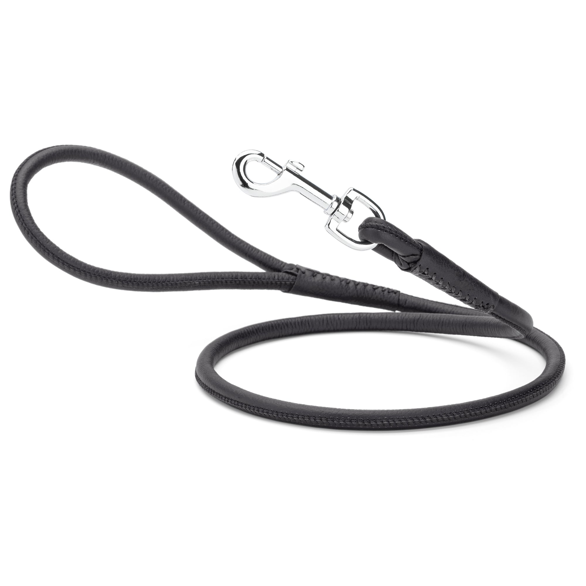 Black leather dog leash with metal swivel snap hook, round design, 6 feet long