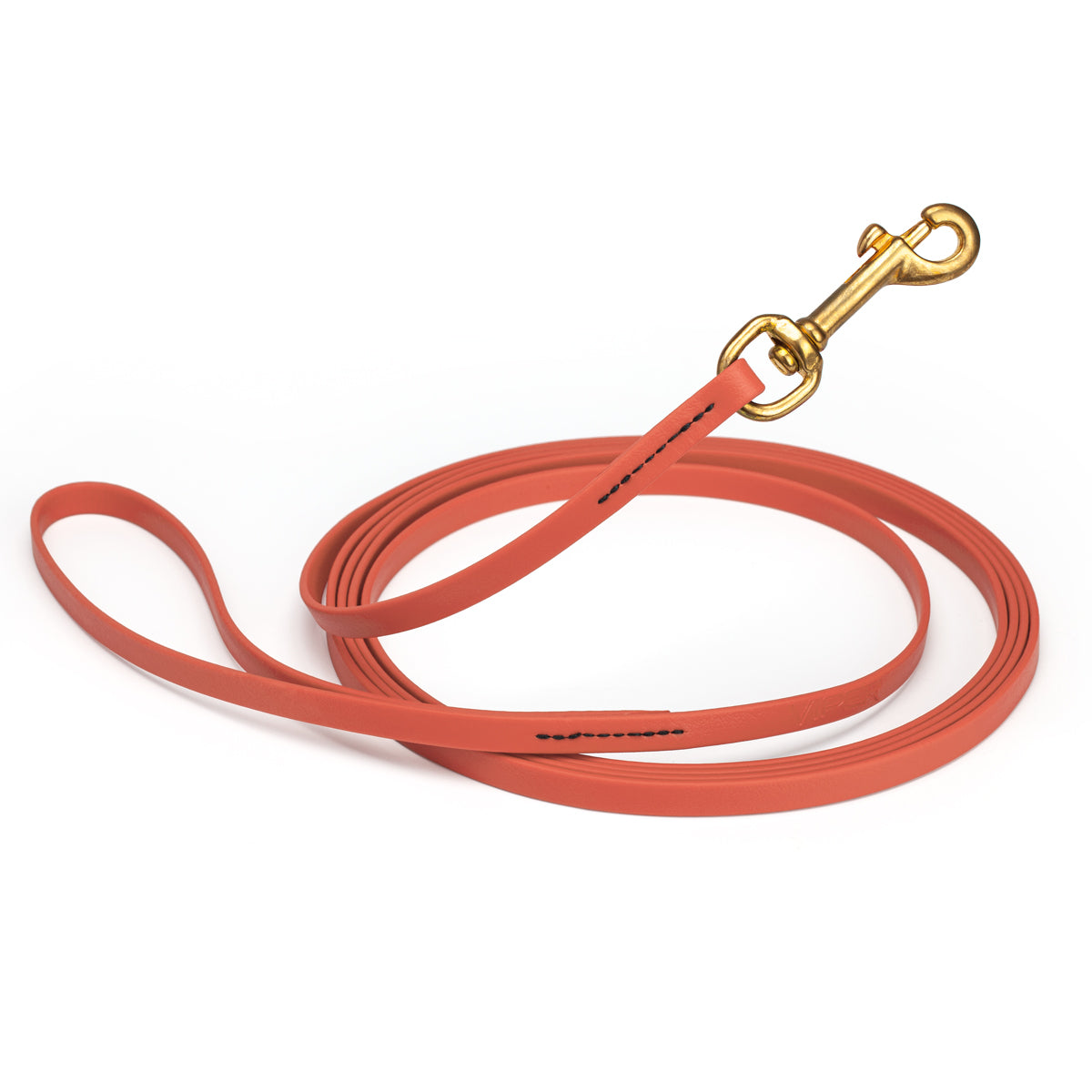 Waterproof Coral dog leash, 20 ft long, 3/8 in wide, made from Biothane with brass hardware