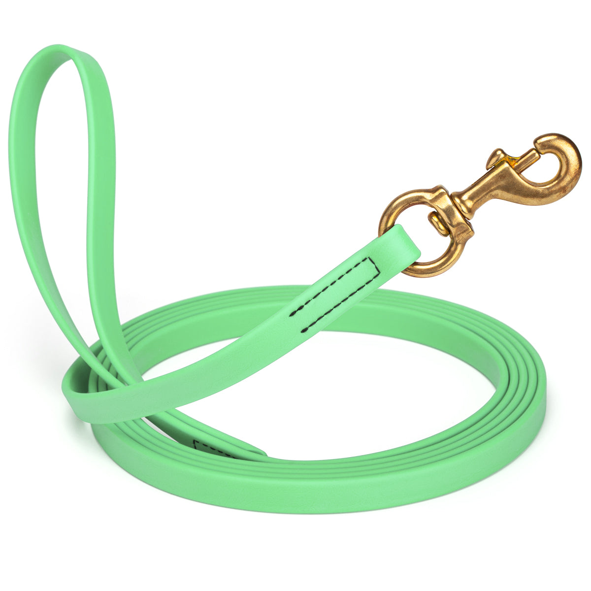 Seafoam Green waterproof dog leash, 20 ft long, 5/8 in wide, made from Biothane with brass hardware