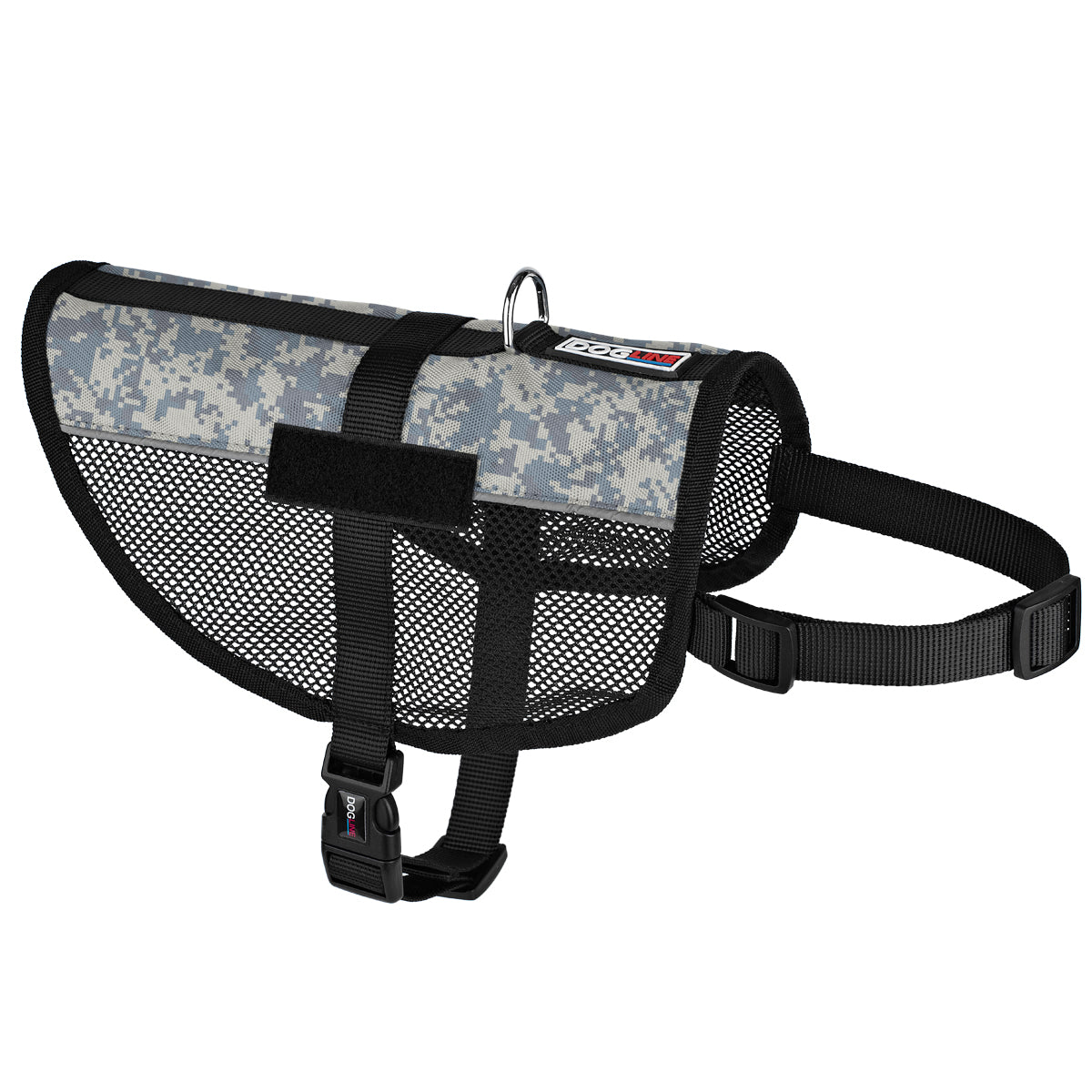 Urban Camo mesh dog vest harness with adjustable belly and chest straps, and loop backing for attaching two patches