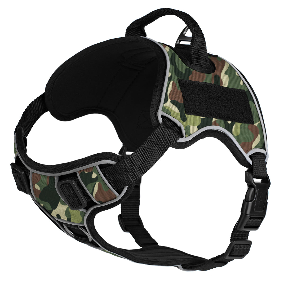 Green Camo dog harness with adjustable straps, quick release buckle, top handle and loop backing for two removable patches