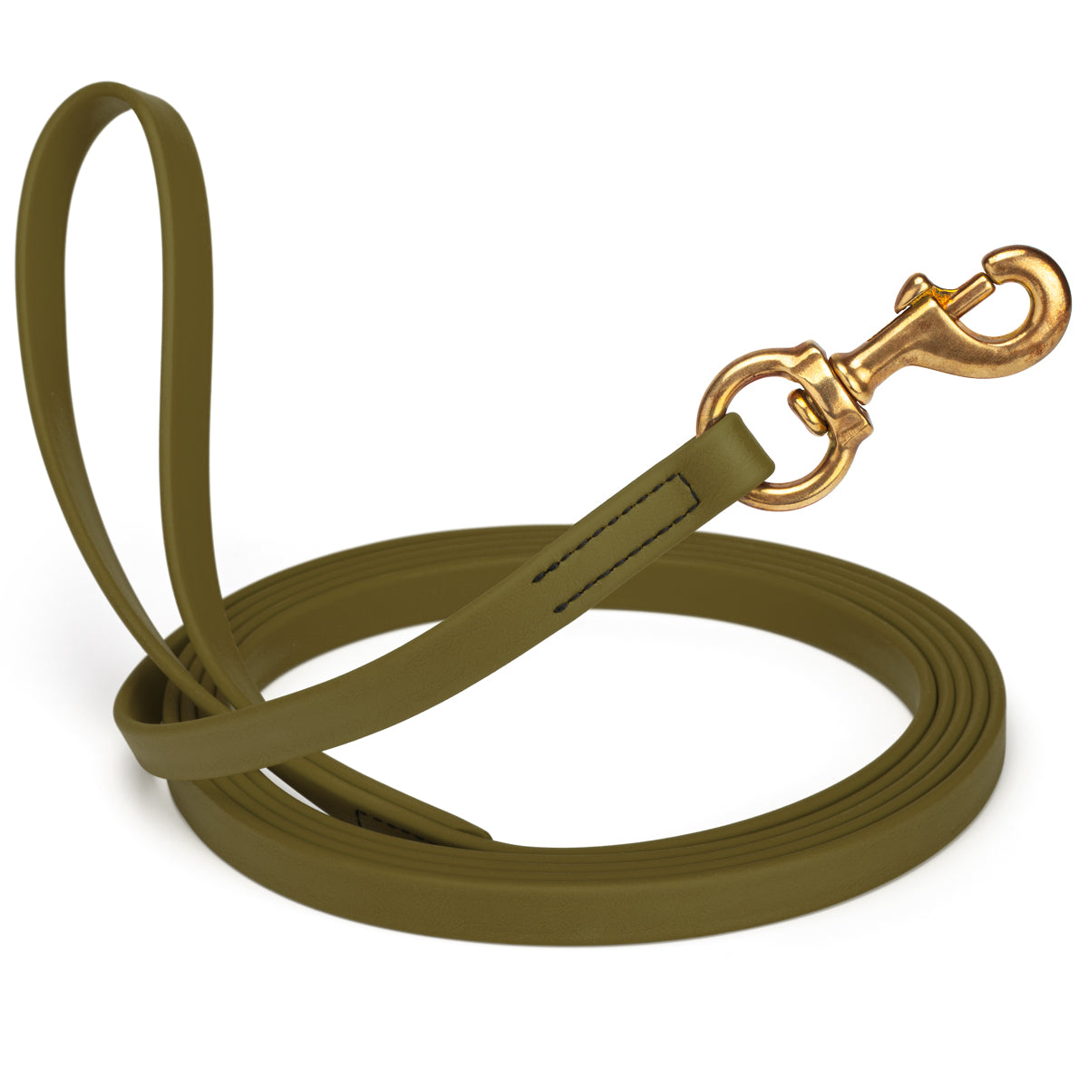 Olive Drab Green waterproof dog leash, 20 ft long, 5/8 in wide, made from Biothane with brass hardware