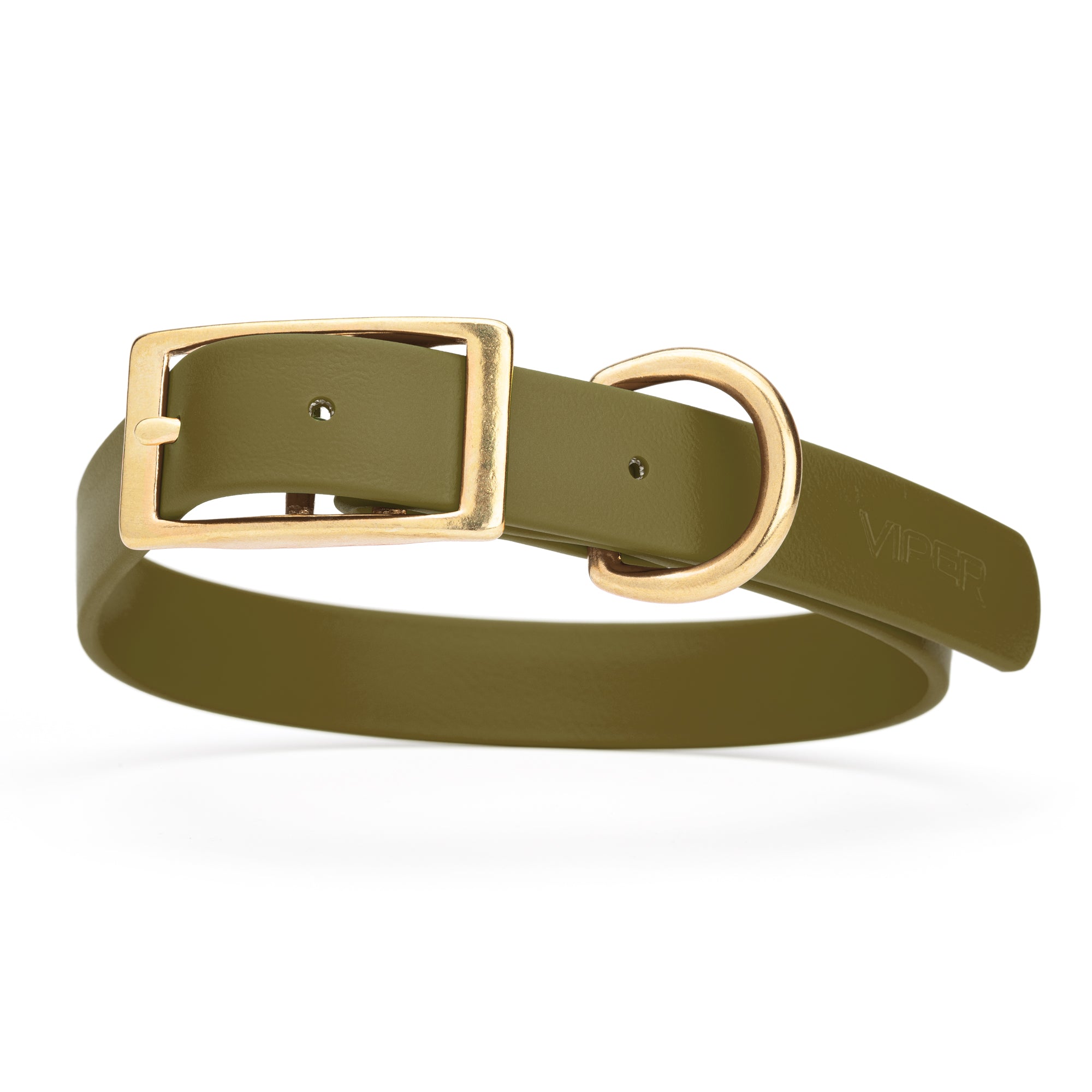 Olive Drab Green dog collar with brass hardware, made from waterproof Biothane, 1-inch wide, fits large dogs