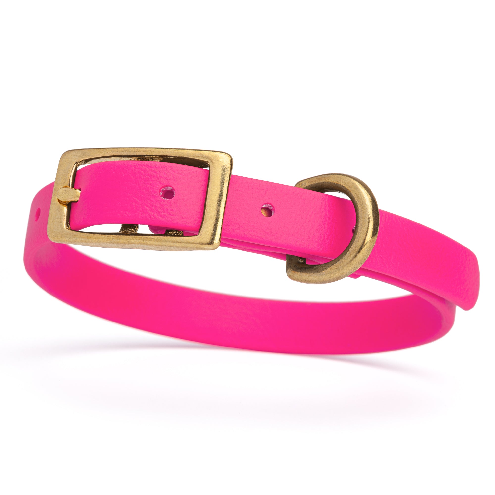 Waterproof collar for small dogs, made from Biothane with brass hardware, width 1/2 inch, Passionfruit Pink