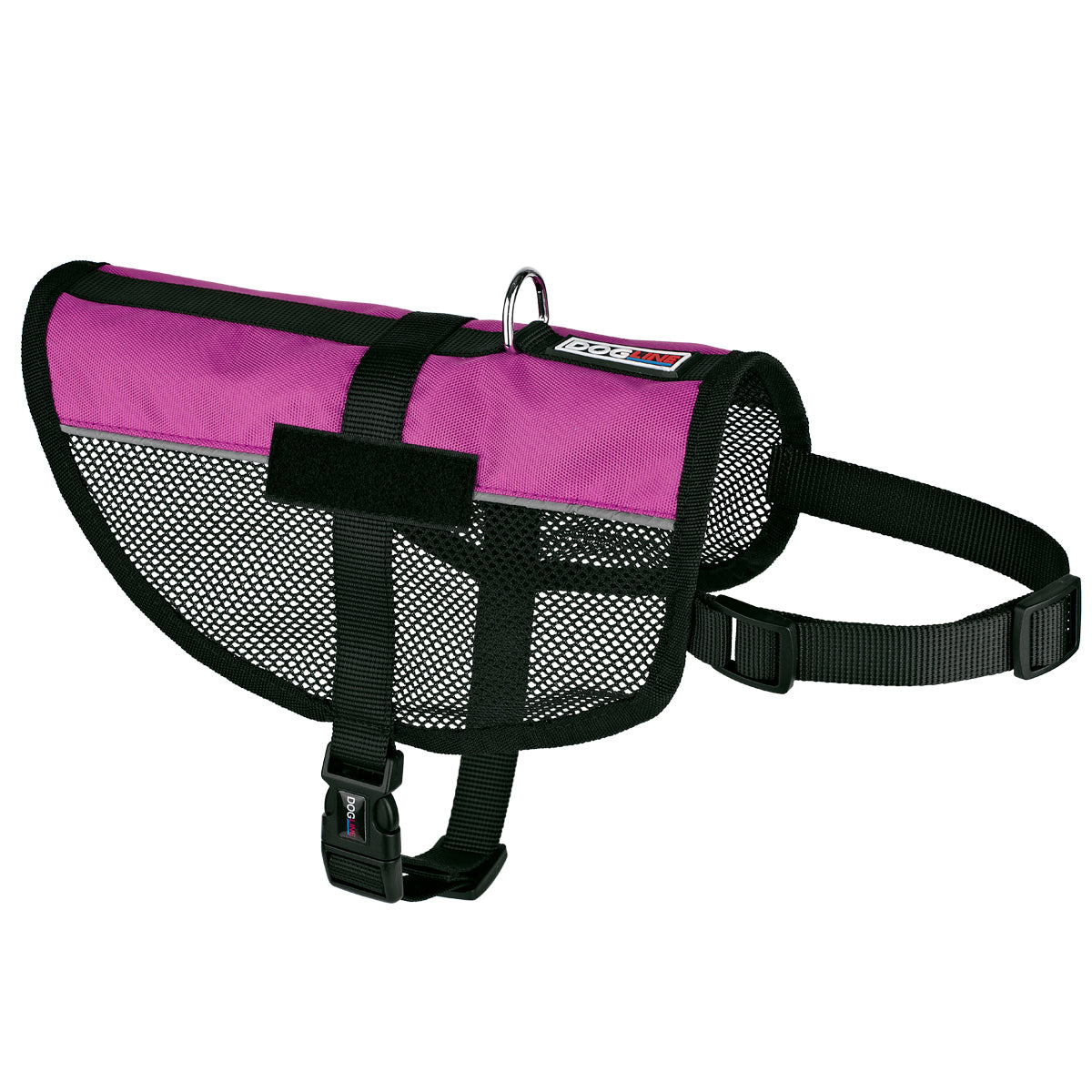Pink mesh dog vest harness with adjustable belly and chest straps, and loop backing for attaching two patches