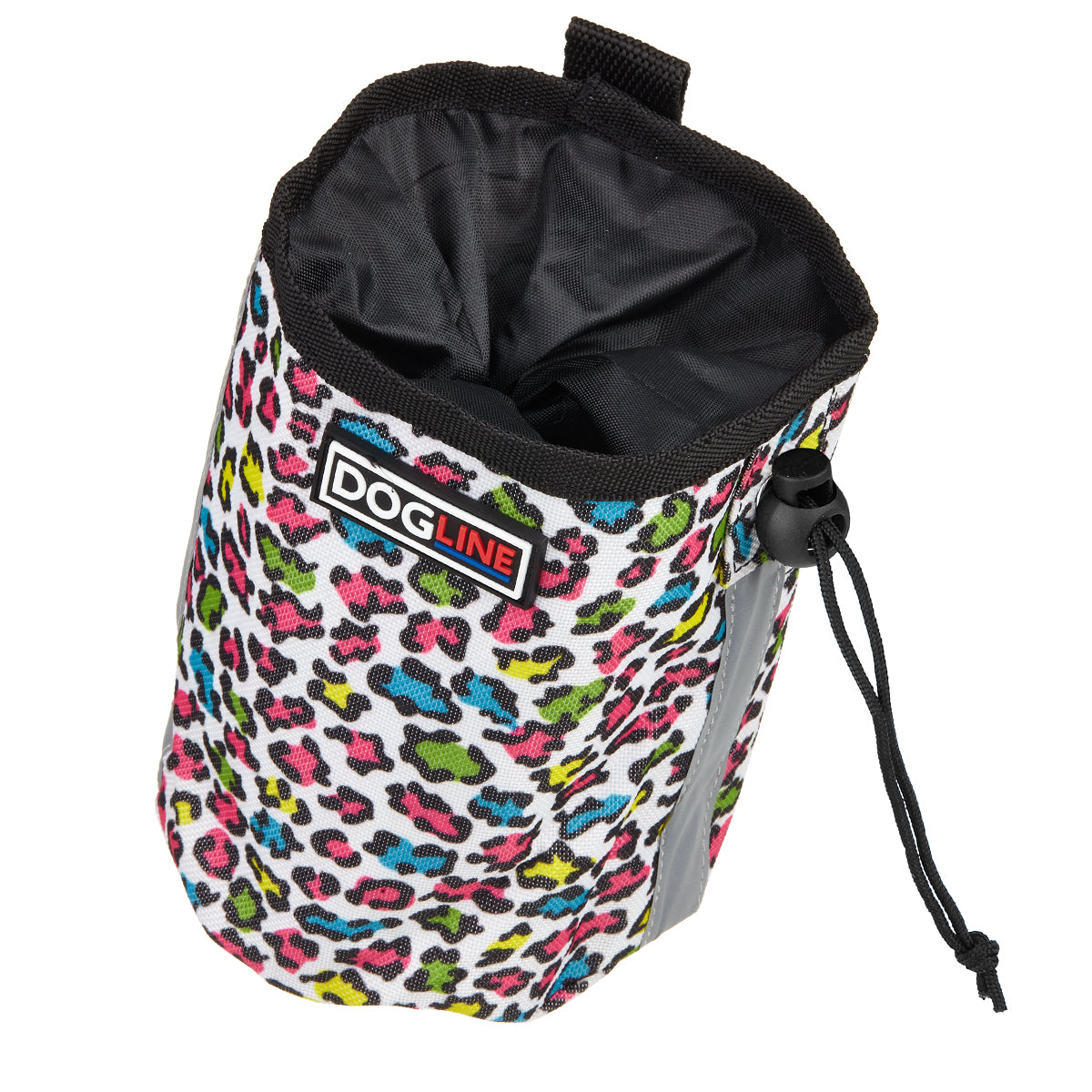 Leopard Rainbow dog treat pouch with drawstring, reflective strip and waste bag dispenser