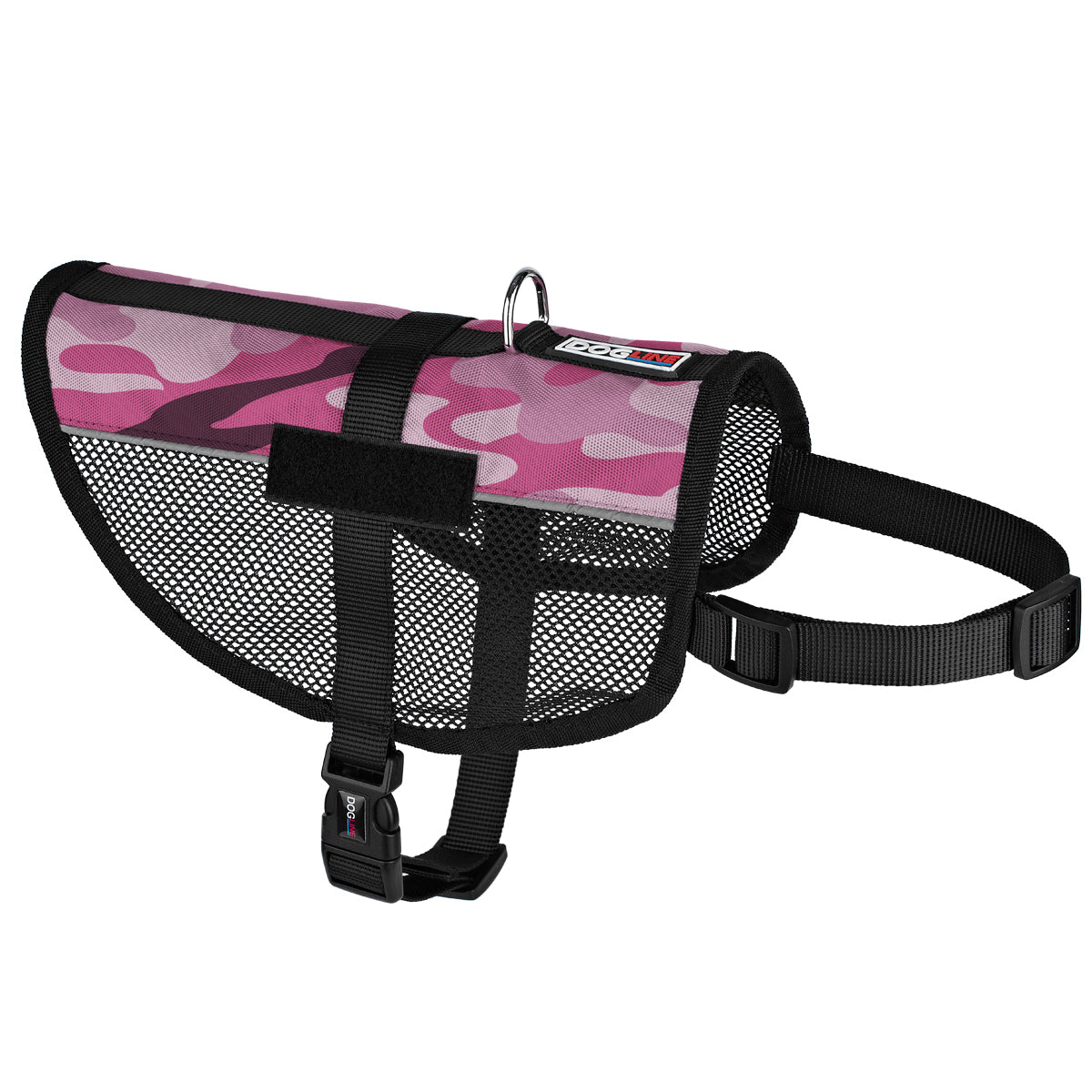 Pink Camo mesh dog vest harness with adjustable belly and chest straps, and loop backing for attaching two patches