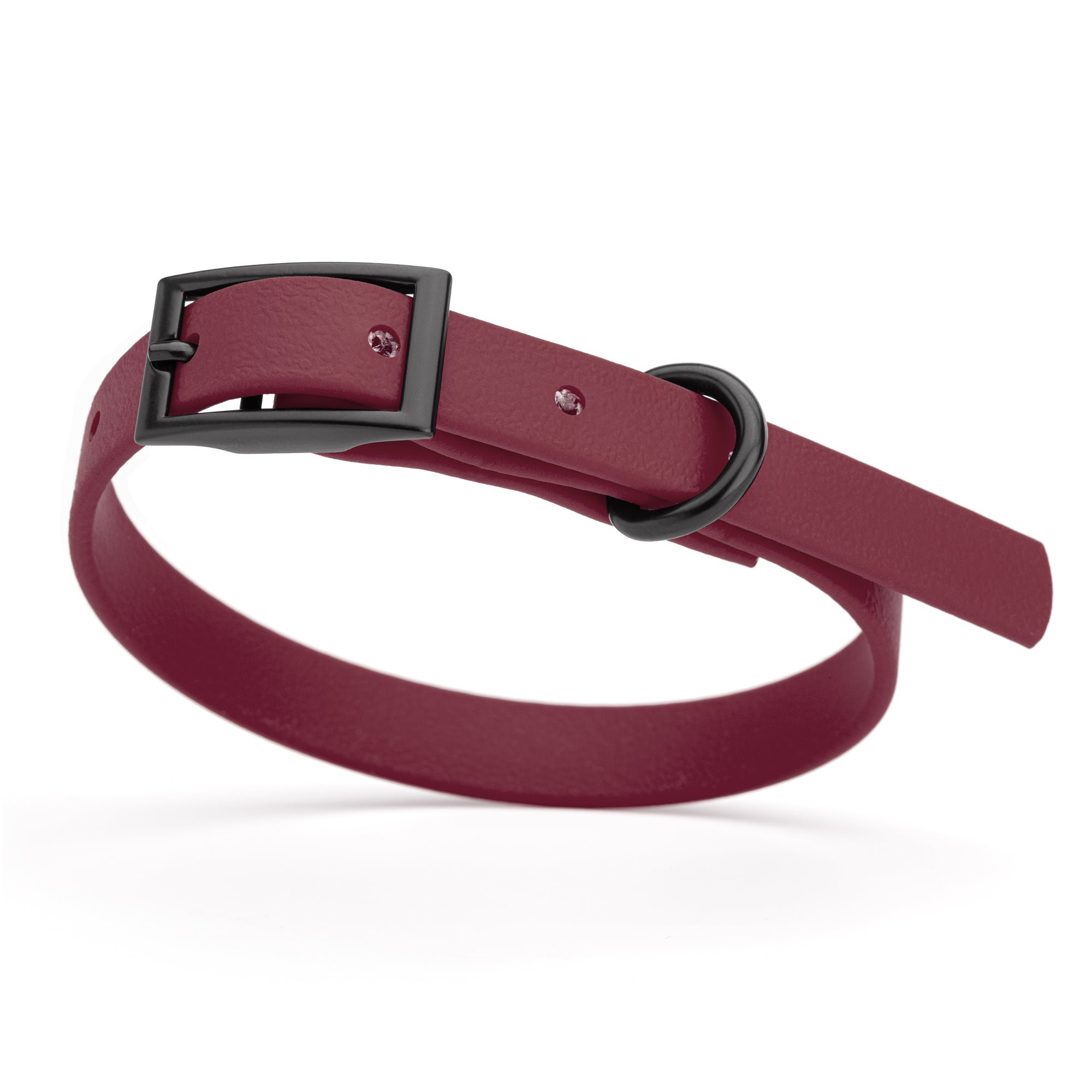 Merlot Burgundy dog collar with black buckle and D-ring, made from waterproof Biothane, x-small