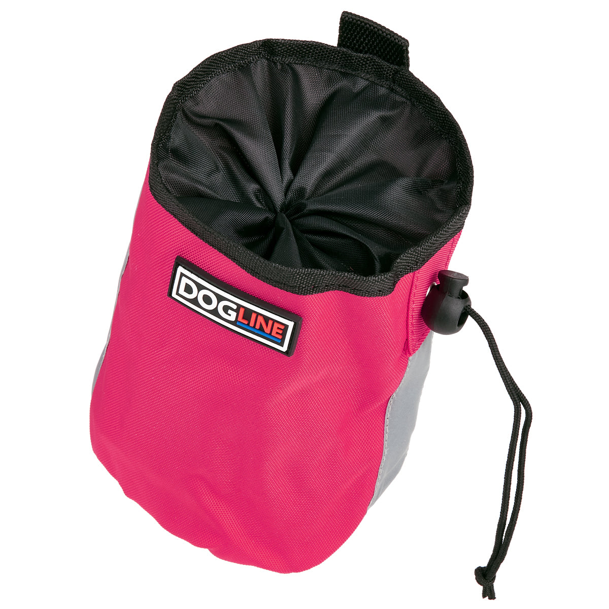 Pink dog treat pouch with drawstring, reflective strip and waste bag dispenser