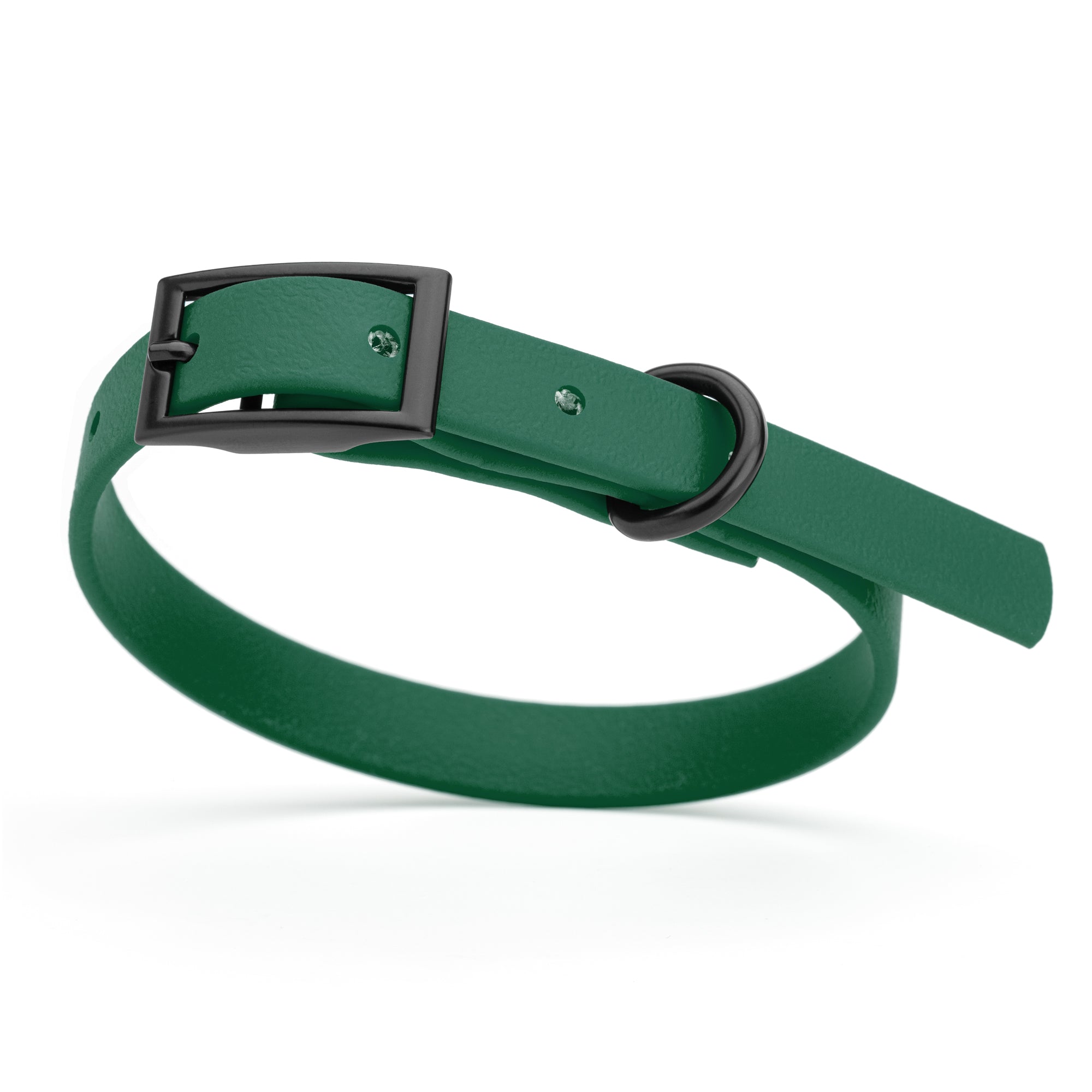 Hunter Green dog collar with black buckle and D-ring, made from waterproof Biothane, x-small