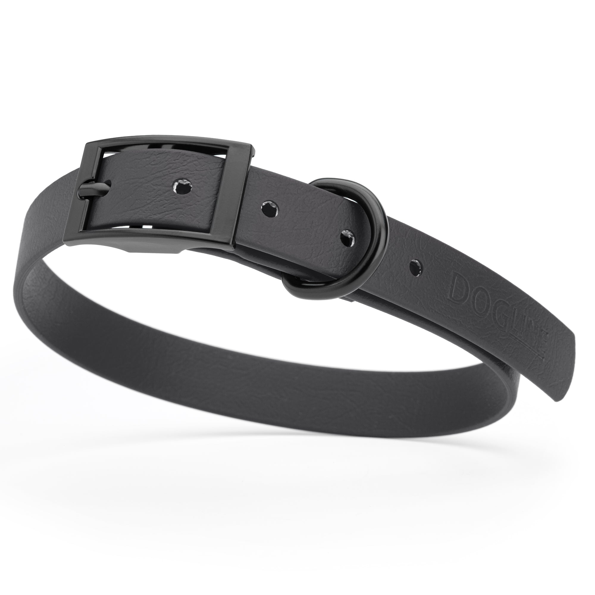 Black waterproof dog collar with black metal buckle and D-ring, made from BioThane, fits medium dogs