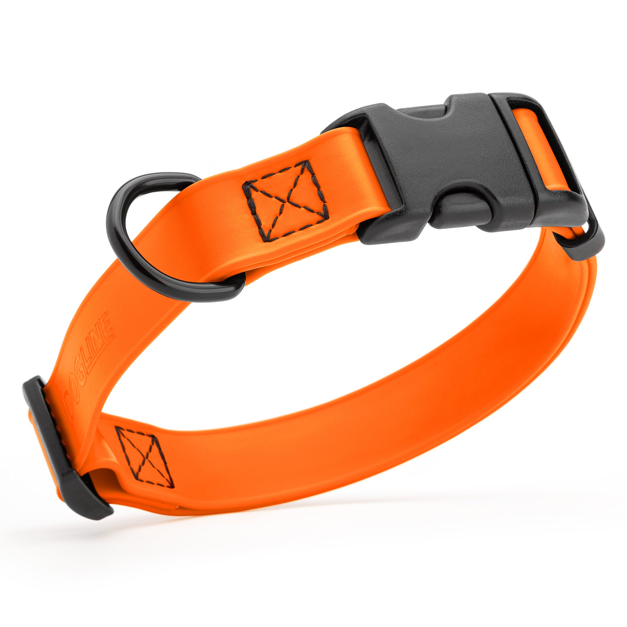 Hunter Orange waterproof dog collar made from Biothane with black quick release buckle and D-ring, adjustable