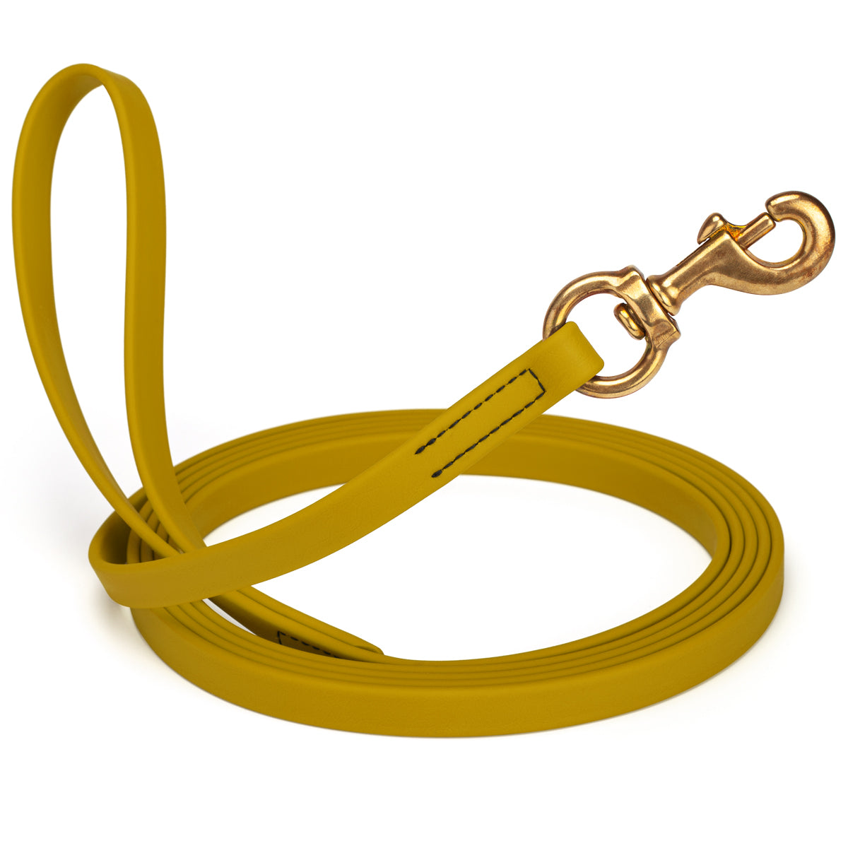 Treasure Gold Biothane dog leash with brass swivel snap hook, 5/8 inch wide, 33 feet long