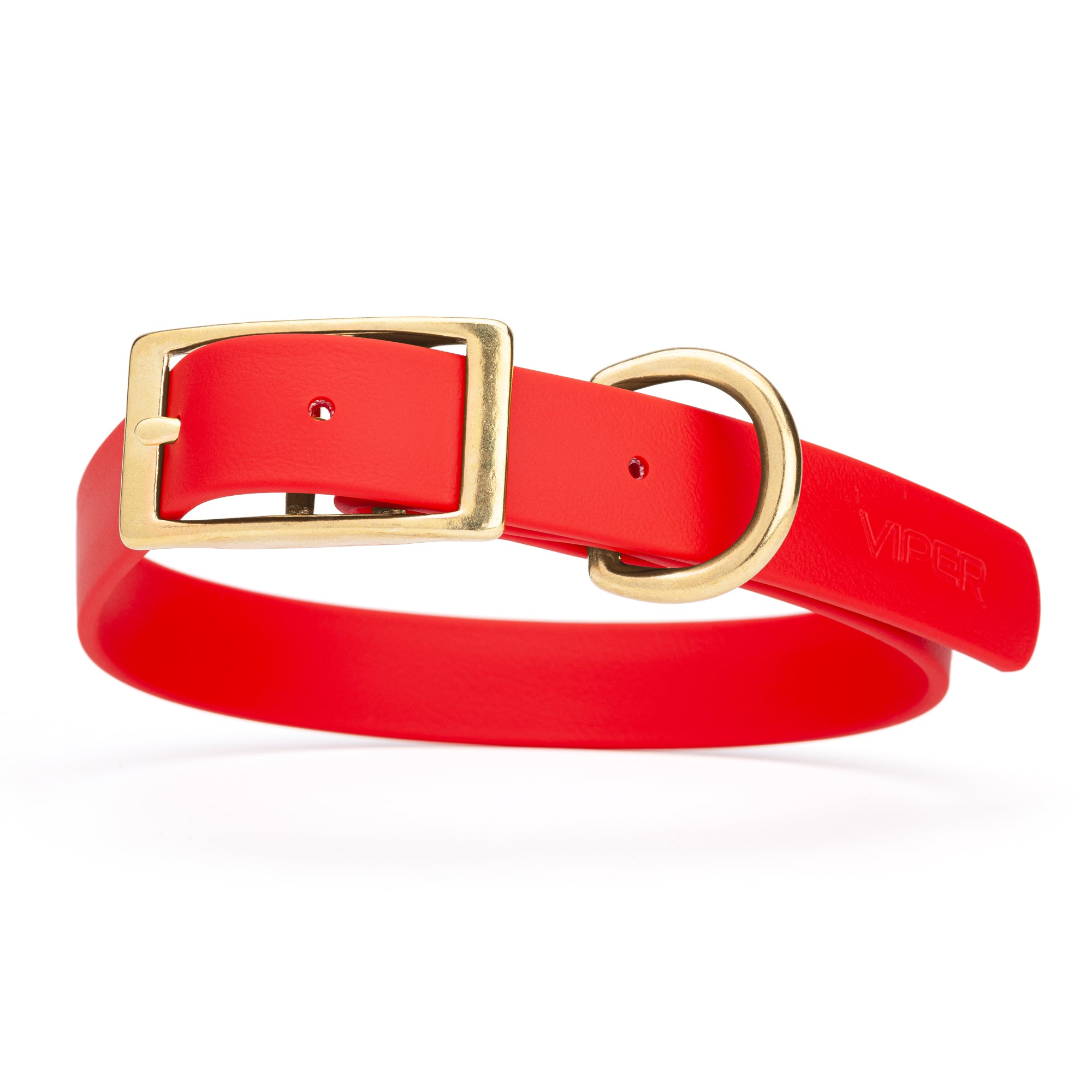 Cherry Red dog collar with brass buckle and D-ring, made from waterproof Biothane, 1-inch wide, fits medium and large dogs