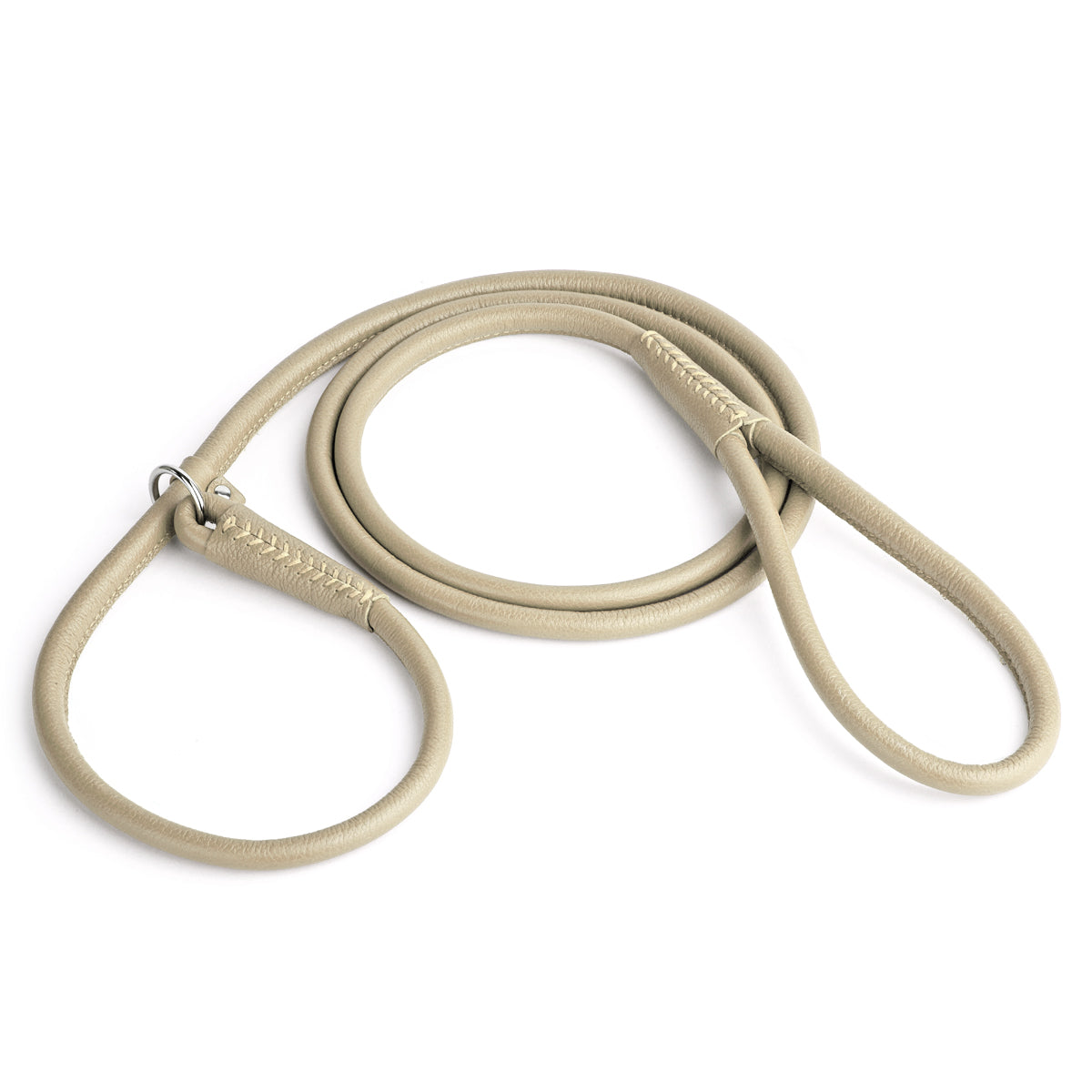 Beige leather slip lead with metal stopper ring, 6 feet long