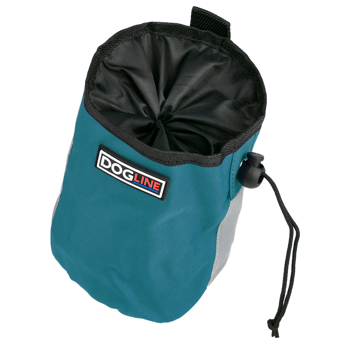 Teal dog treat pouch with drawstring, reflective strip and waste bag dispenser