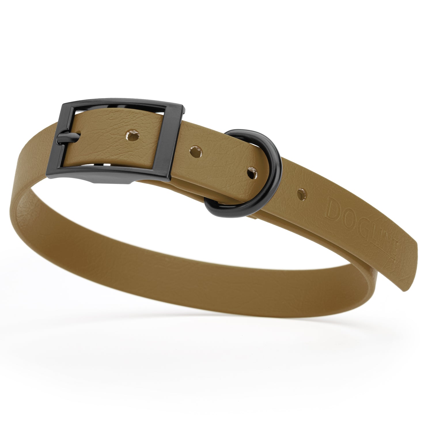 Coyote Brown waterproof dog collar with black metal buckle and D-ring, made from BioThane, fits medium dogs