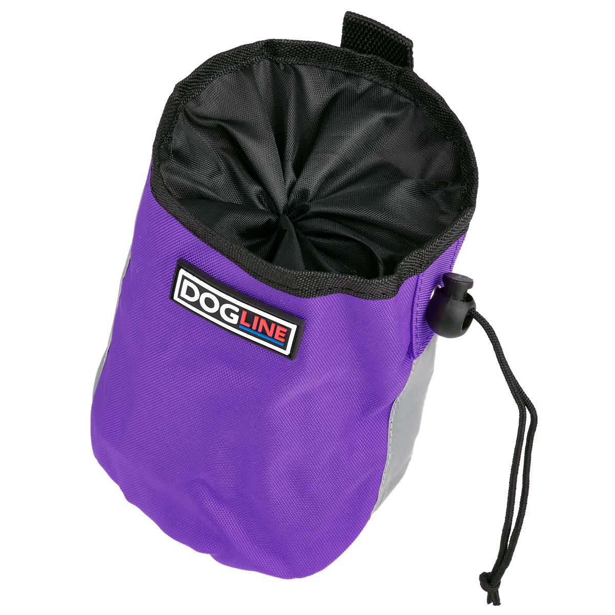 Purple dog treat pouch with drawstring, reflective strip and waste bag dispenser