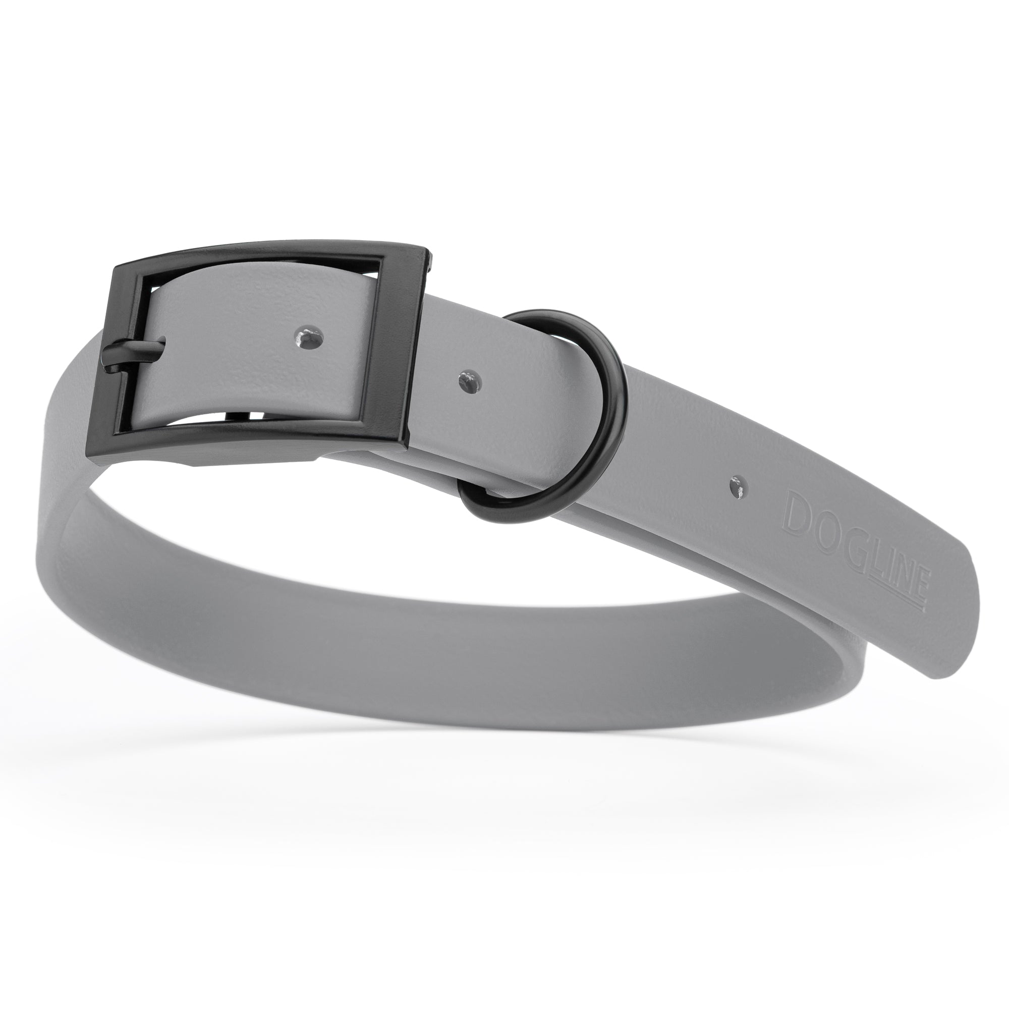 Waterproof Battleship Gray dog collar with black metal buckle and D-ring, made from Biothane, width: 1 inch, large