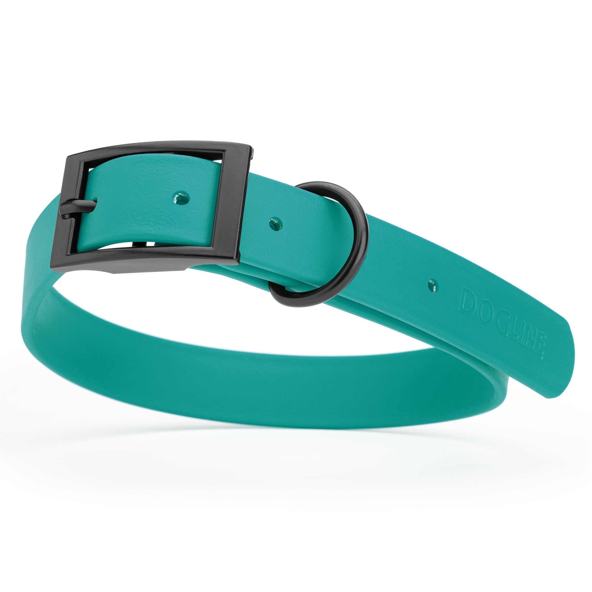 Blue Aqua Biothane dog collar with black metal buckle and D-ring, width: 1 inch, x-large