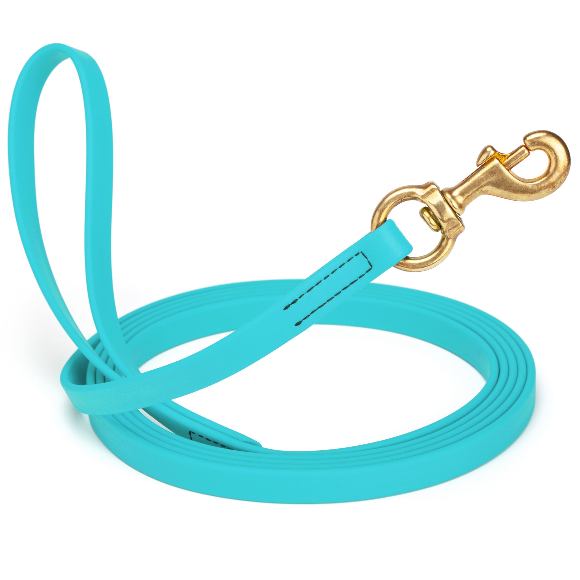 Sky Blue waterproof dog leash, 20 ft long, 5/8 in wide, made from Biothane with brass hardware