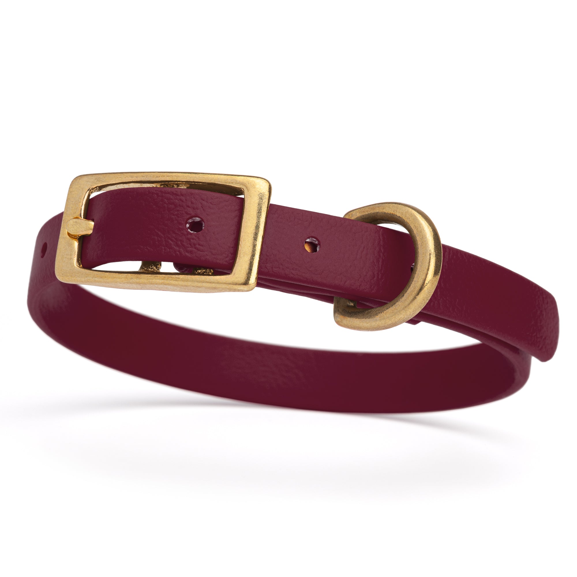 Waterproof collar for small dogs, made from Biothane with brass hardware, width 1/2 inch, Merlot Burgundy