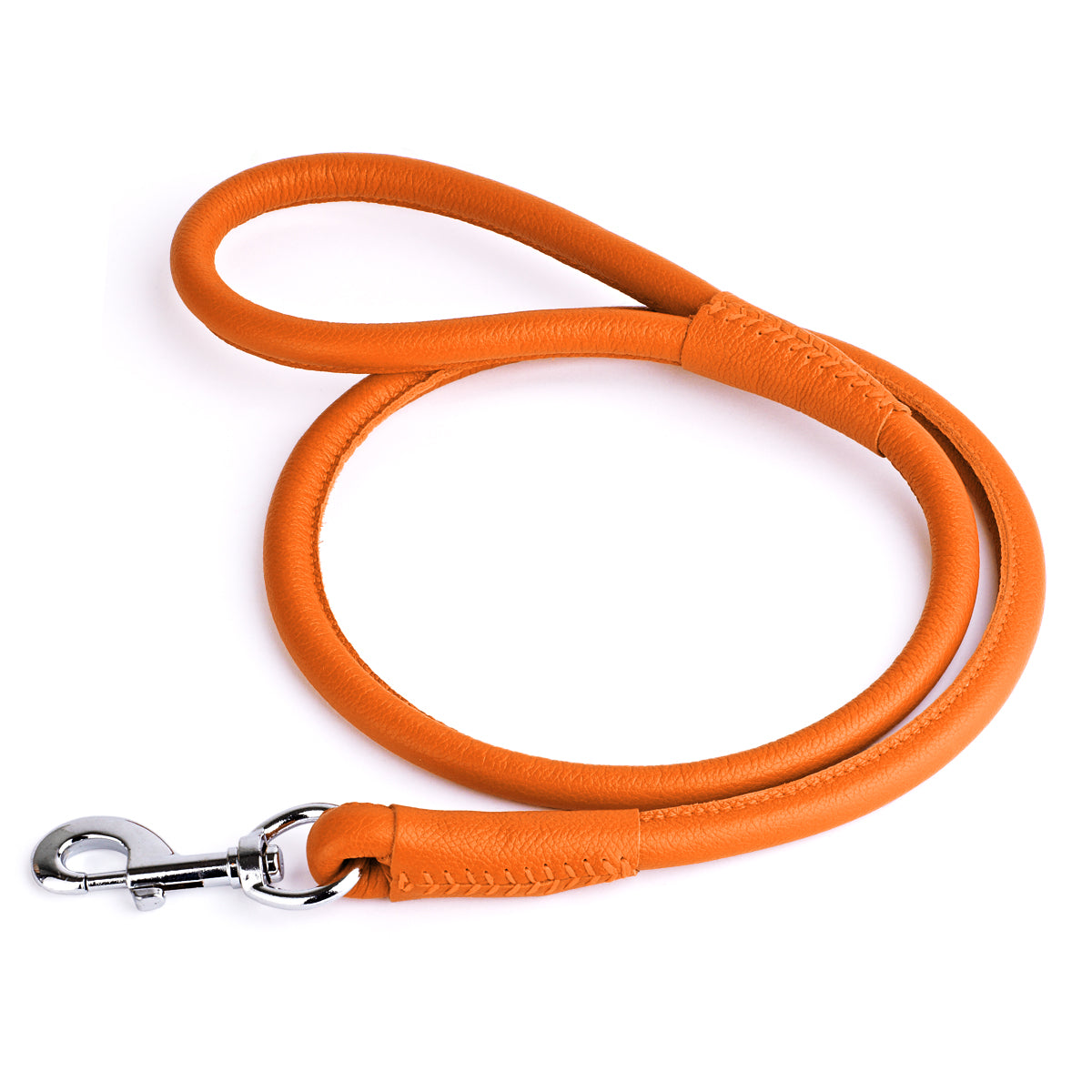 Orange leather dog leash with metal swivel snap hook, round design, 4 feet long