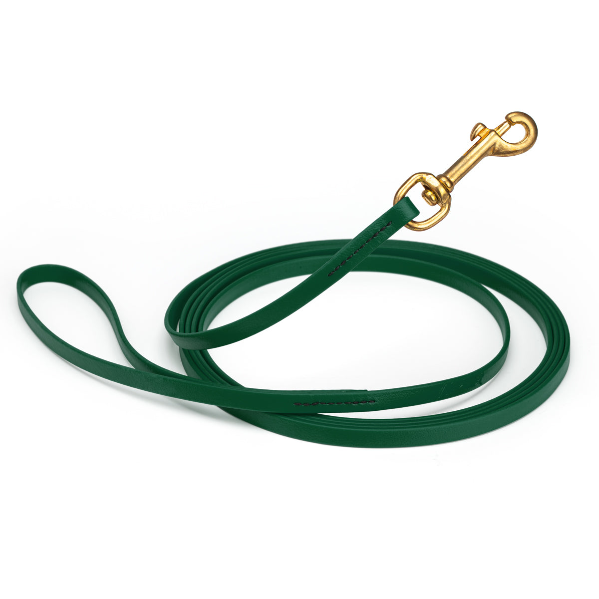 Waterproof Hunter Green dog leash, 20 ft long, 3/8 in wide, made from Biothane with brass hardware