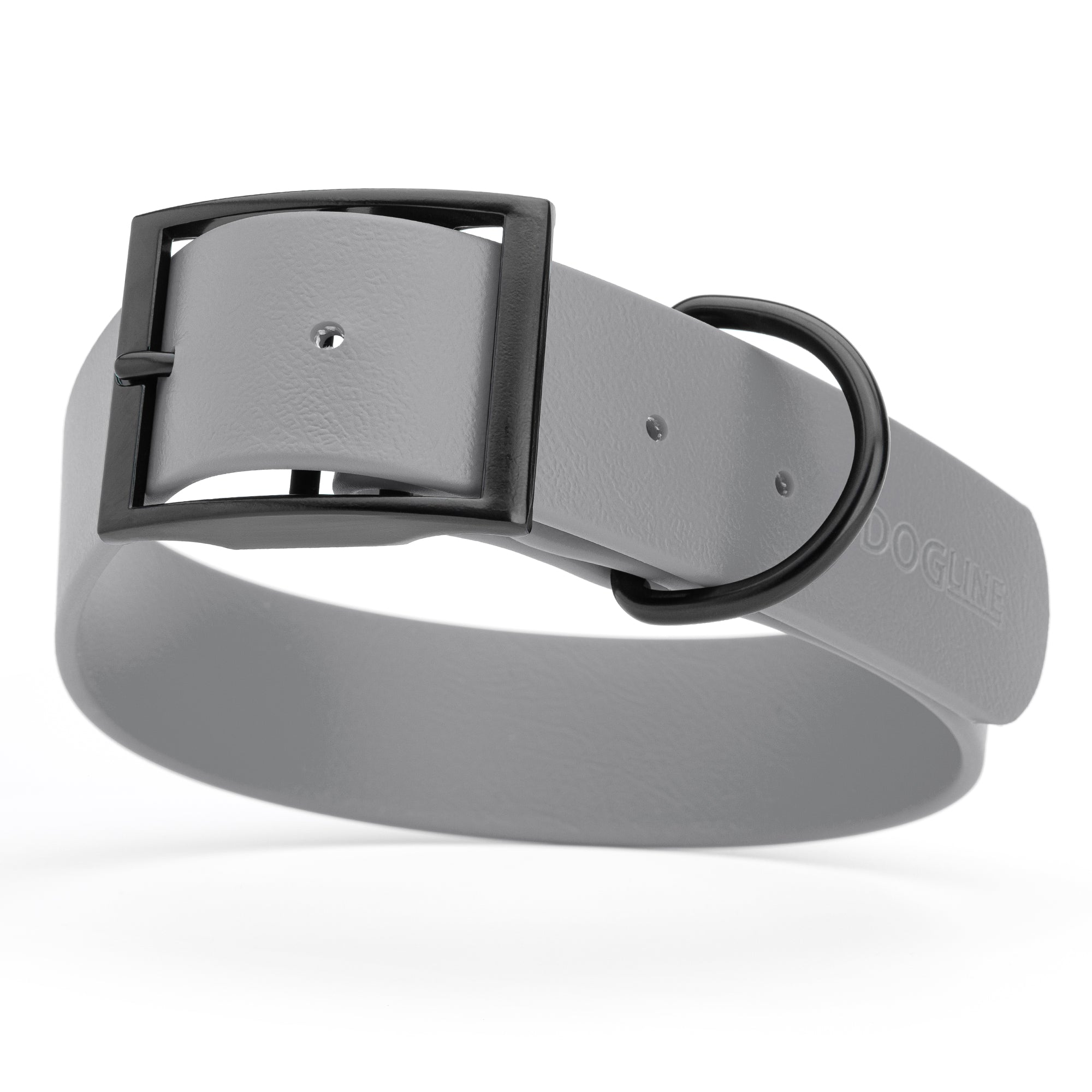Battleship Gray waterproof collar for large dogs, 1.5 inches wide, made from Biothane, with black metal hardware