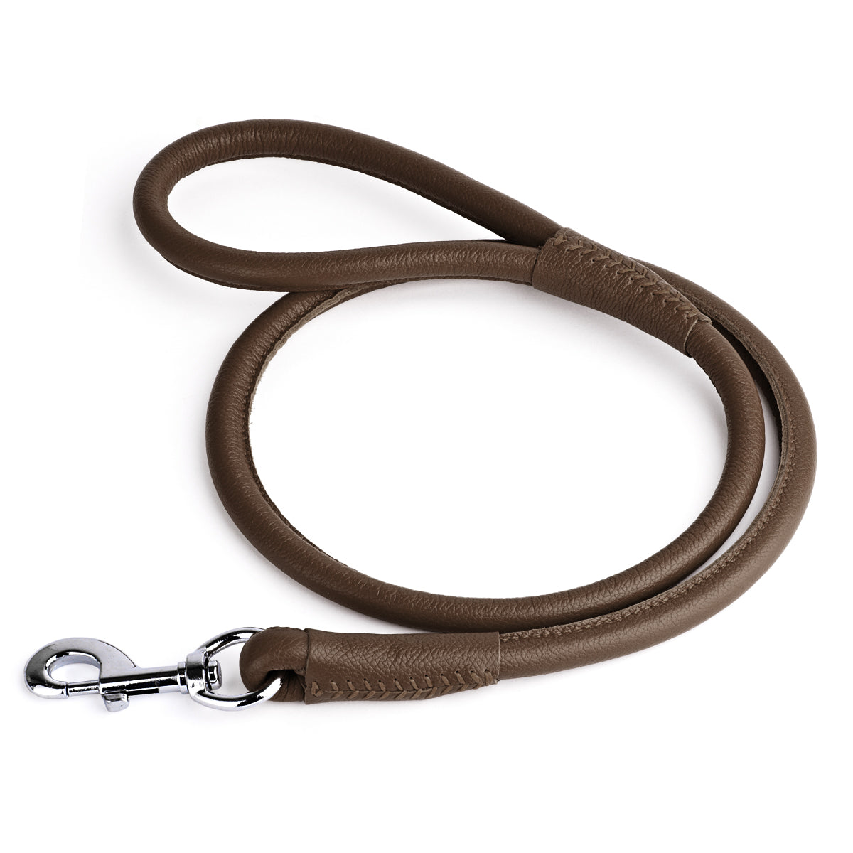 Dark Brown leather dog leash with metal swivel snap hook, round design, 4 feet long