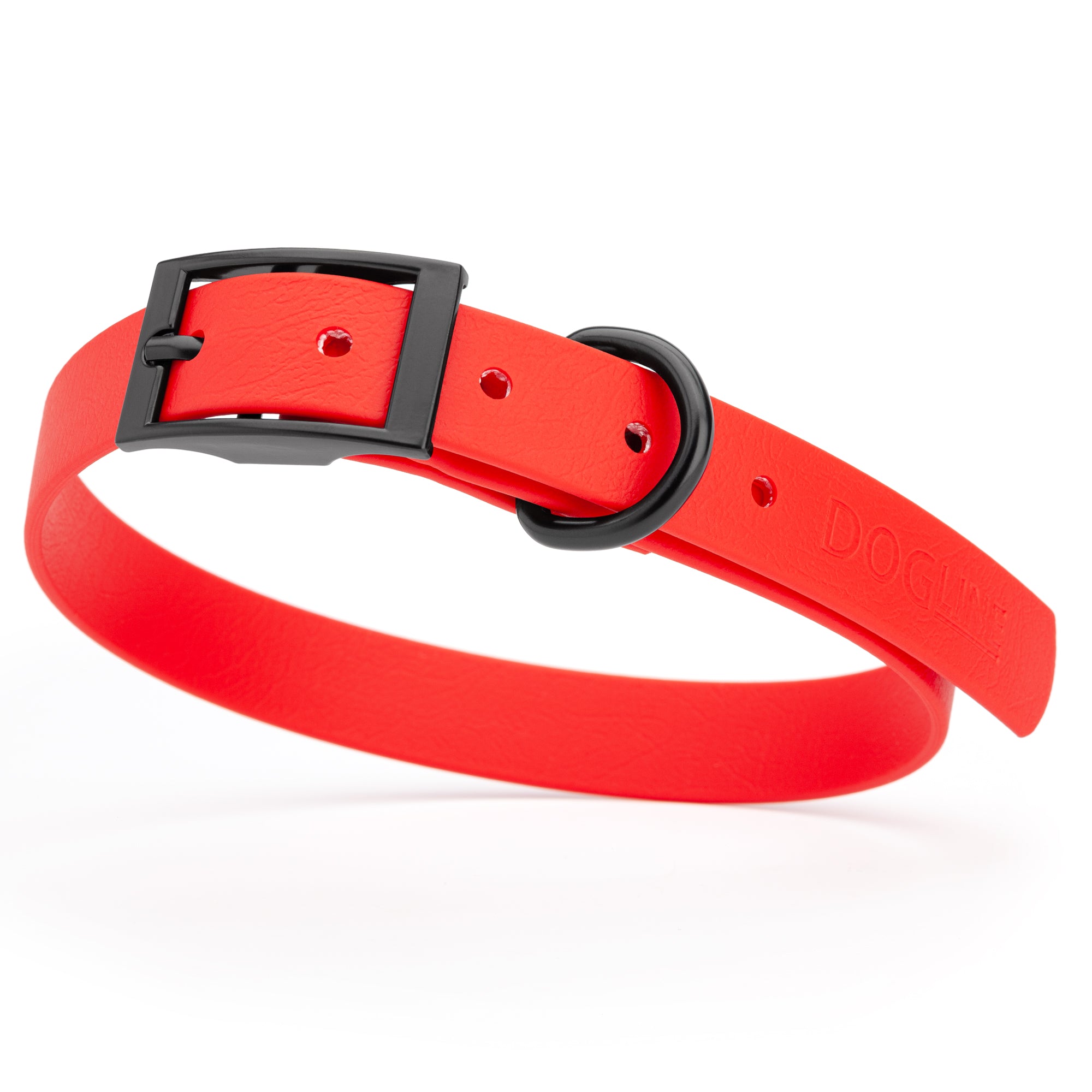 Cherry Red waterproof dog collar with black metal buckle and D-ring, made from BioThane, fits medium dogs