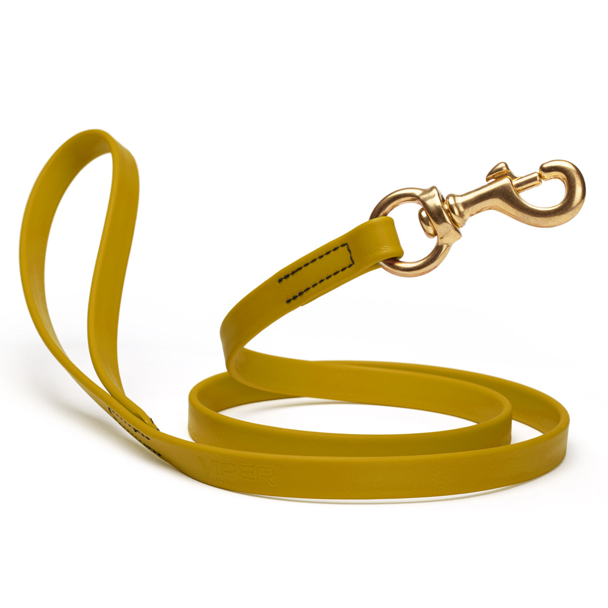 Waterproof Treasure Gold dog leash with brass swivel snap hook, 4 feet long, 5/8 or 3/4 inch wide, made from Biothane