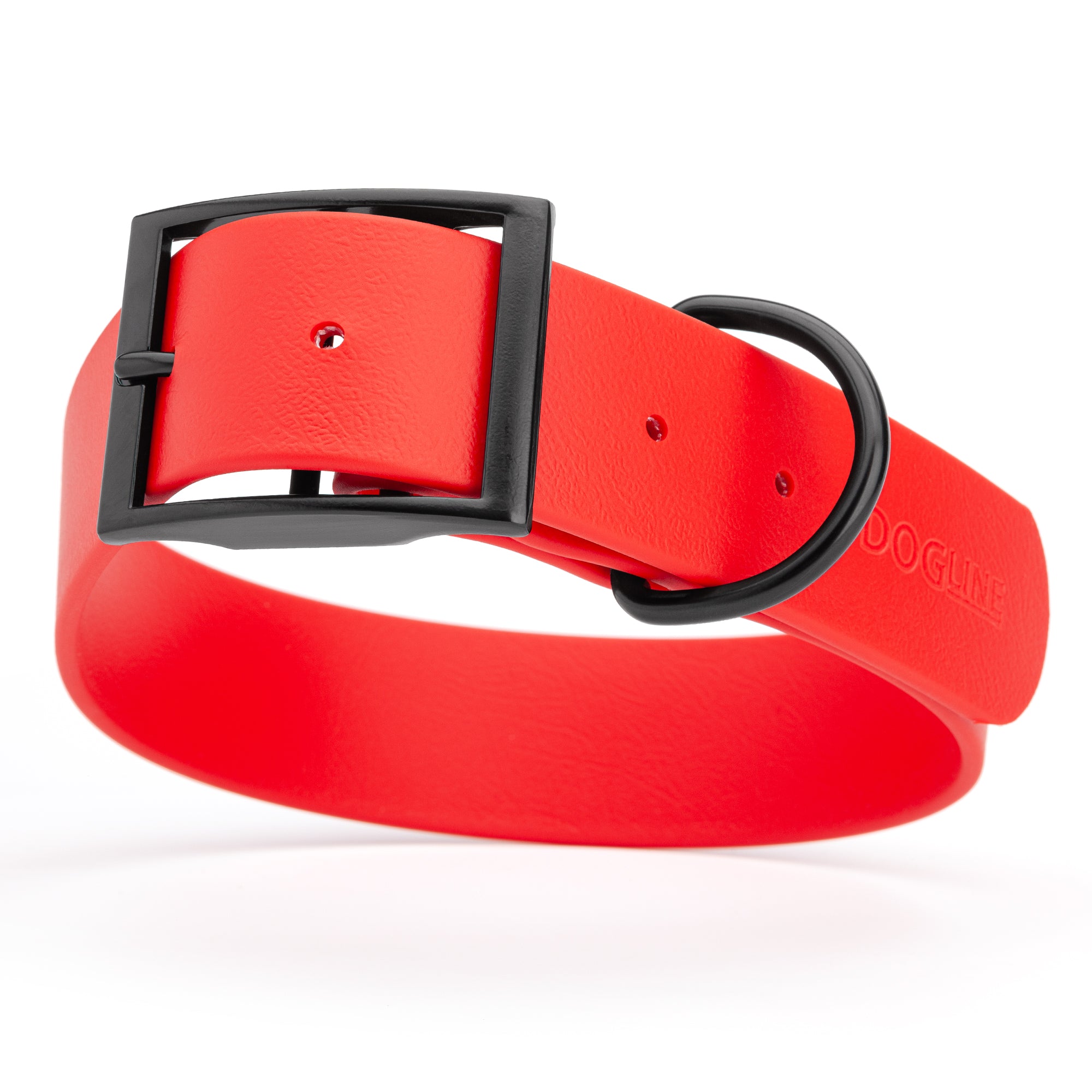 Cherry Red Biothane waterproof collar for large and giant dogs, width 1.5 inches, black metal buckle and D-ring