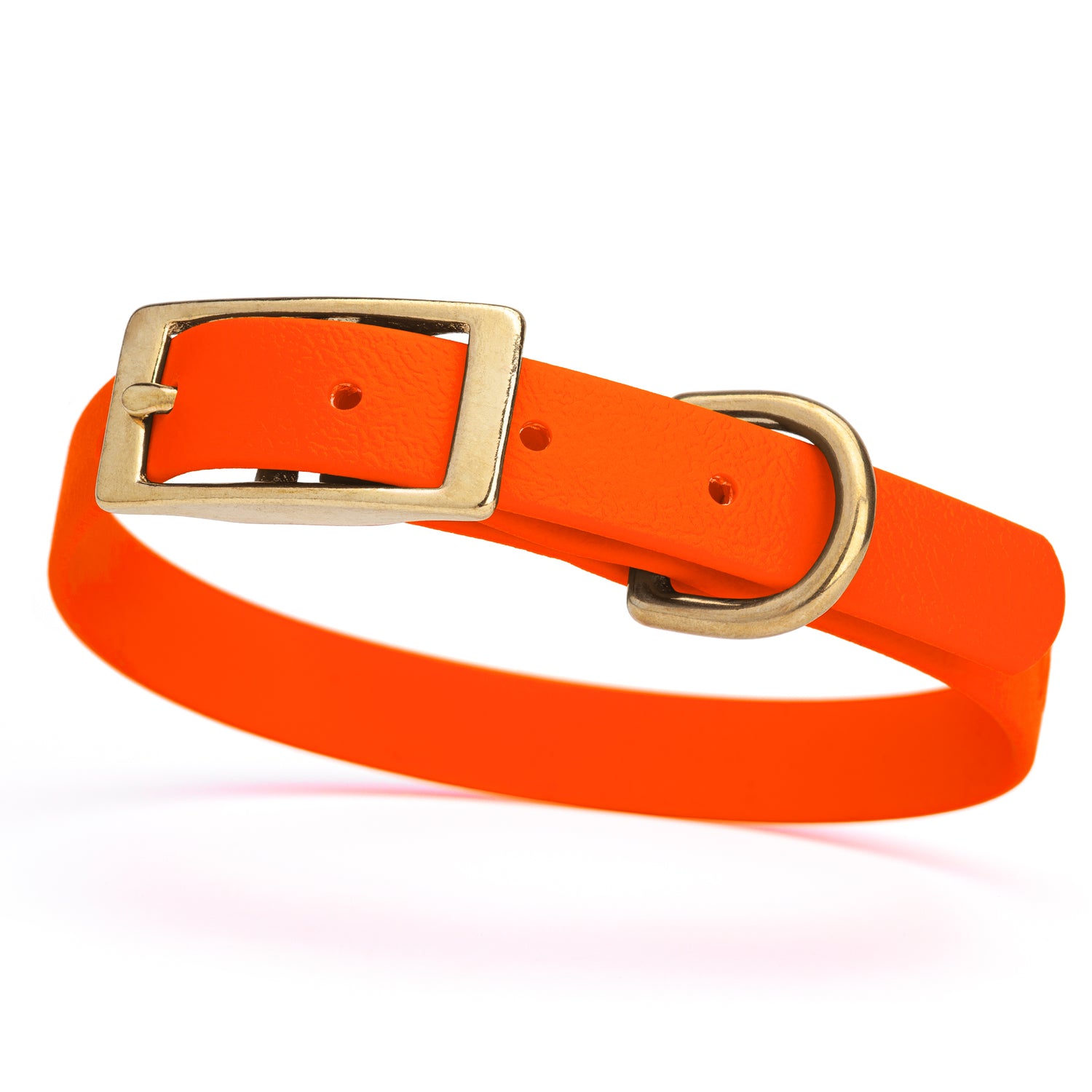 Hunter Orange collar for small dogs with brass buckle and D-ring, made from waterproof and smell proof Biothane, width 3/4 inch