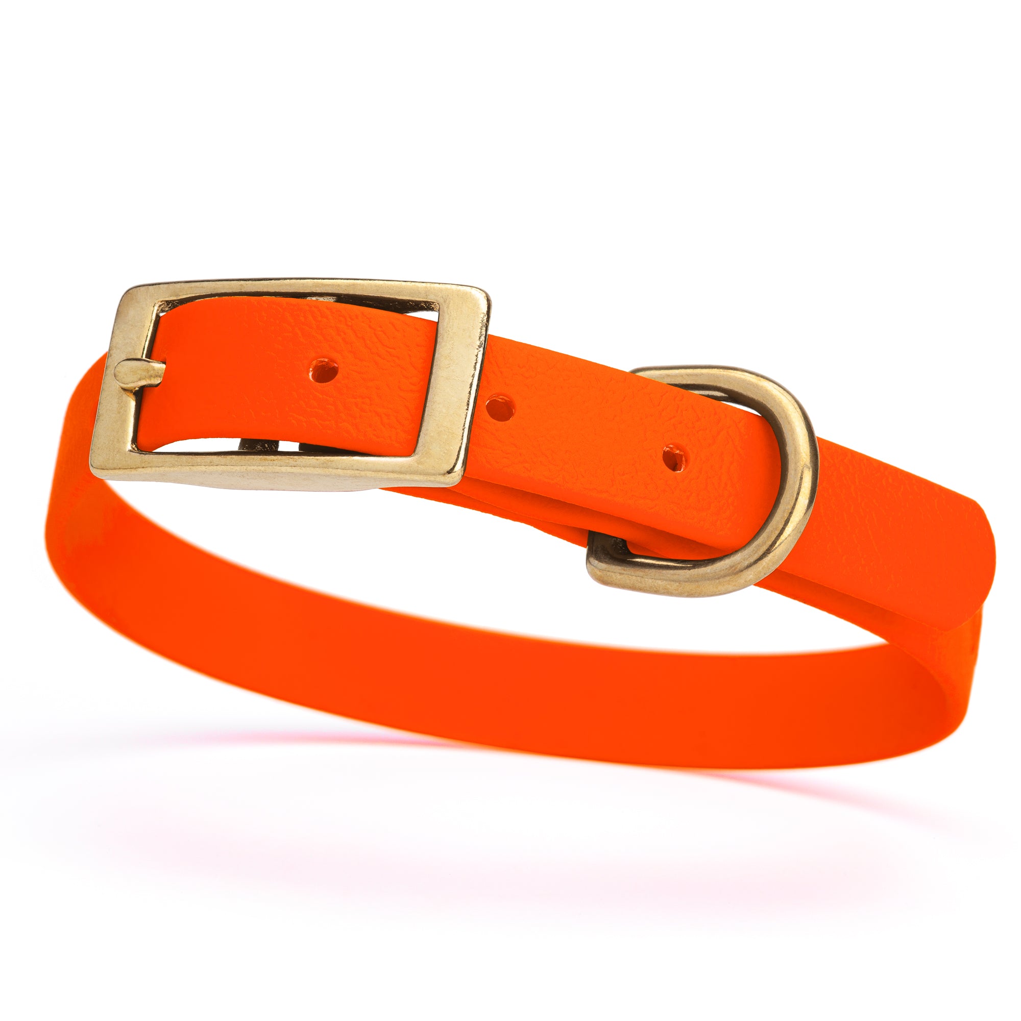 Hunter Orange collar for small dogs with brass buckle and D-ring, made from waterproof and smell proof Biothane, width 3/4 inch