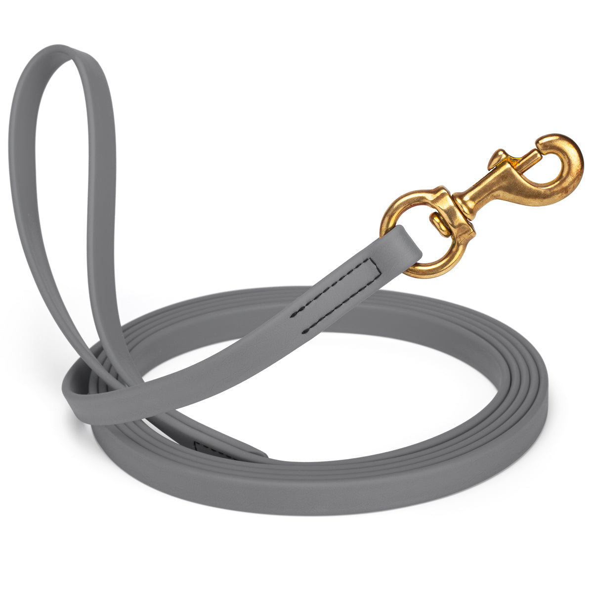 Battleship Gray waterproof dog leash, 20 ft long, 5/8 in wide, made from Biothane with brass hardware