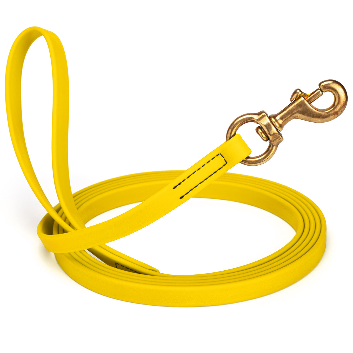 Lemon Yellow waterproof dog leash, 20 ft long, 5/8 in wide, made from Biothane with brass hardware