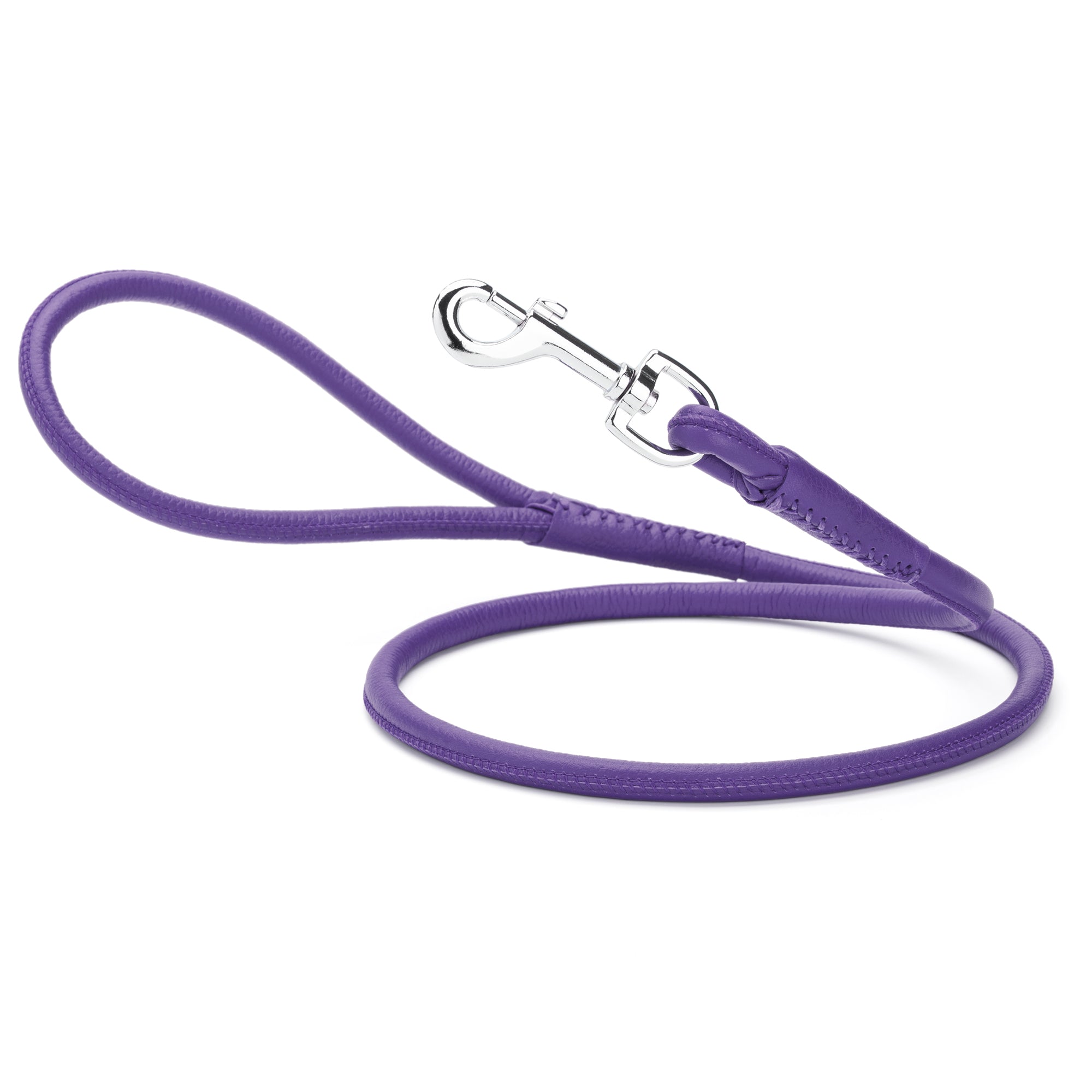 Purple leather dog leash with metal swivel snap hook, round design, 6 feet long